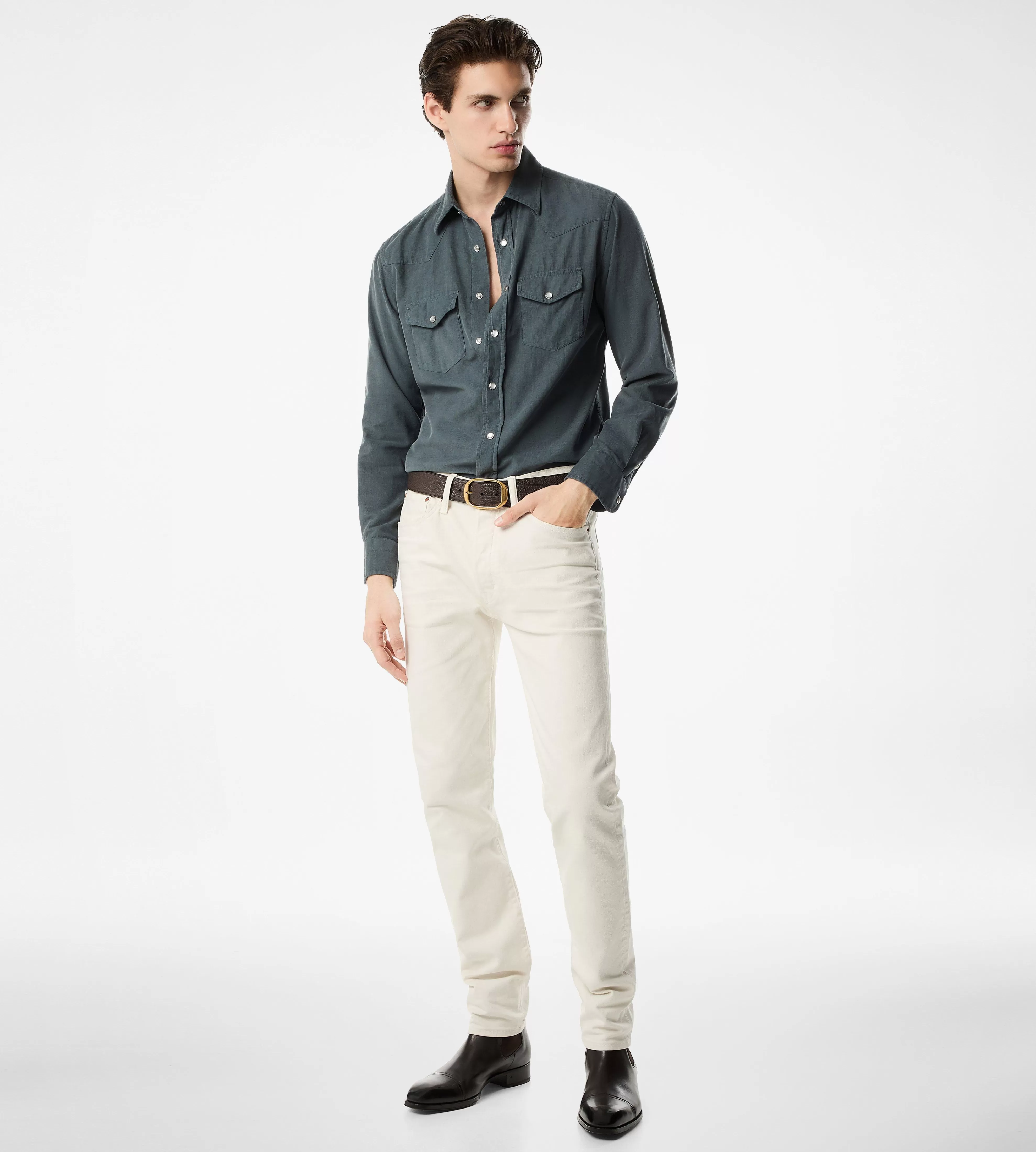 TOM FORD BABY CORD WESTERN SHIRT SMOKE^MEN SPRING 24