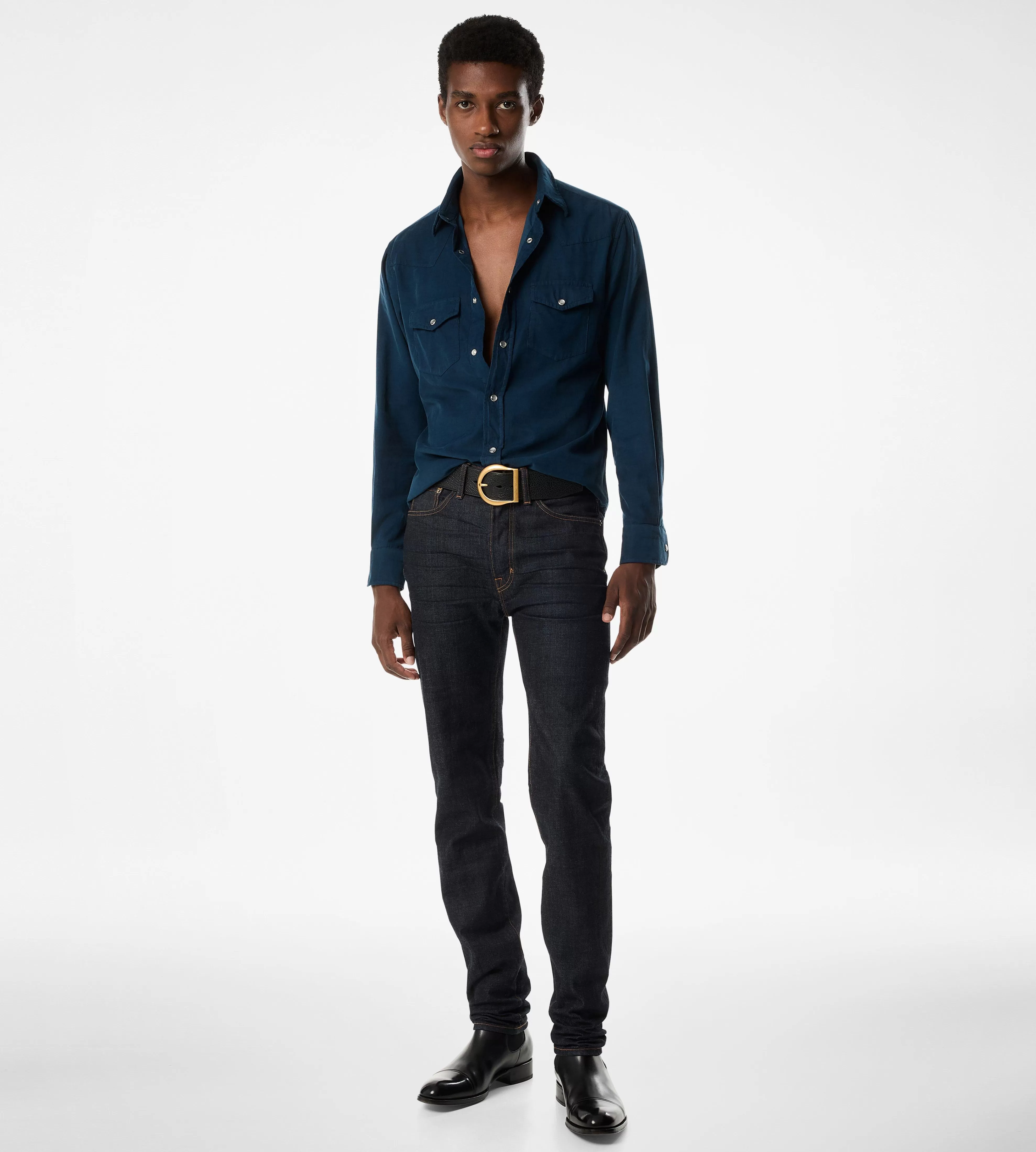 TOM FORD BABY CORD WESTERN SHIRT INDIGO^MEN SPRING 24