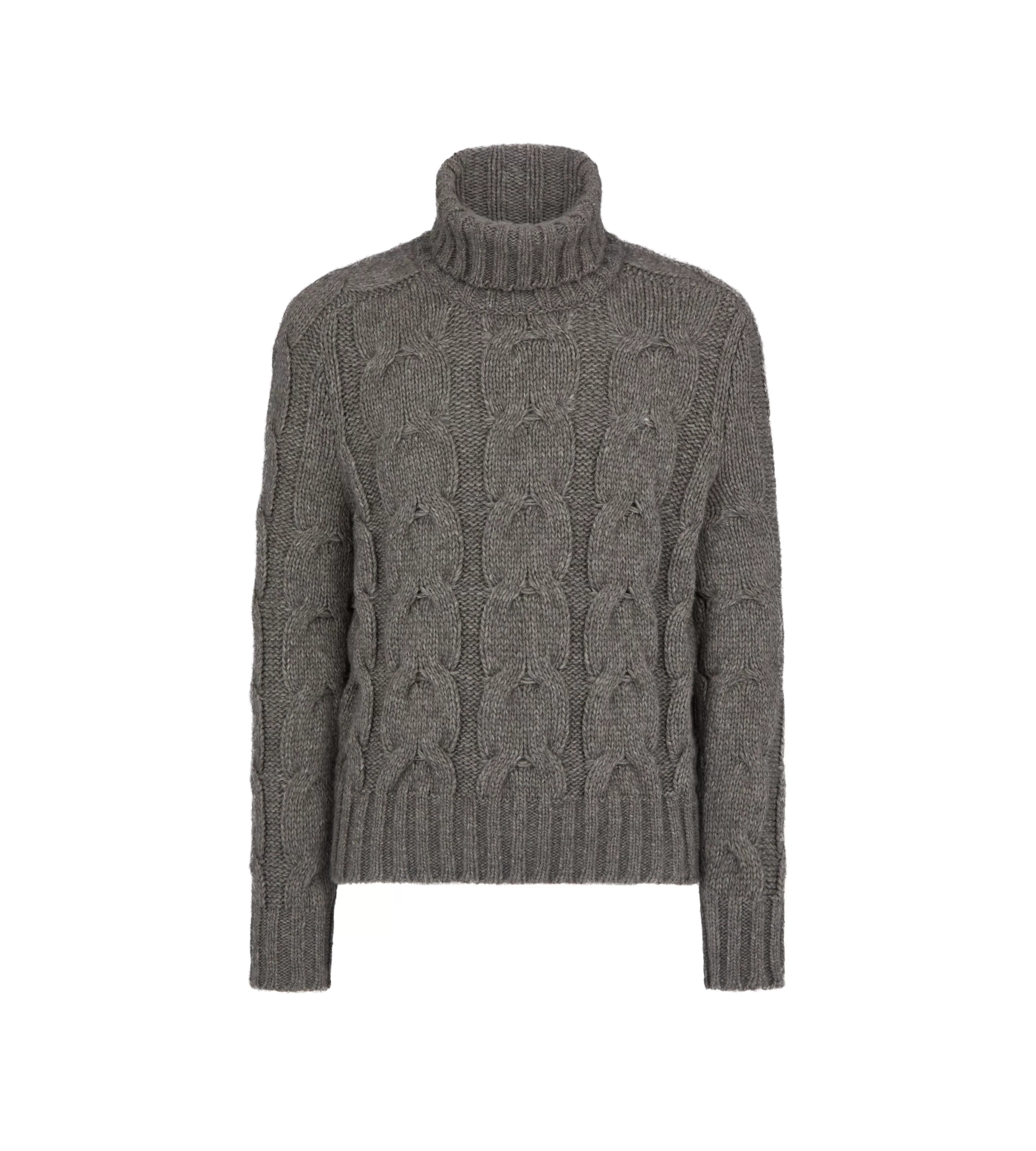 TOM FORD BABY YAK CABLE KNIT ROLL NECK GREY MELANGE^MEN Knitwear