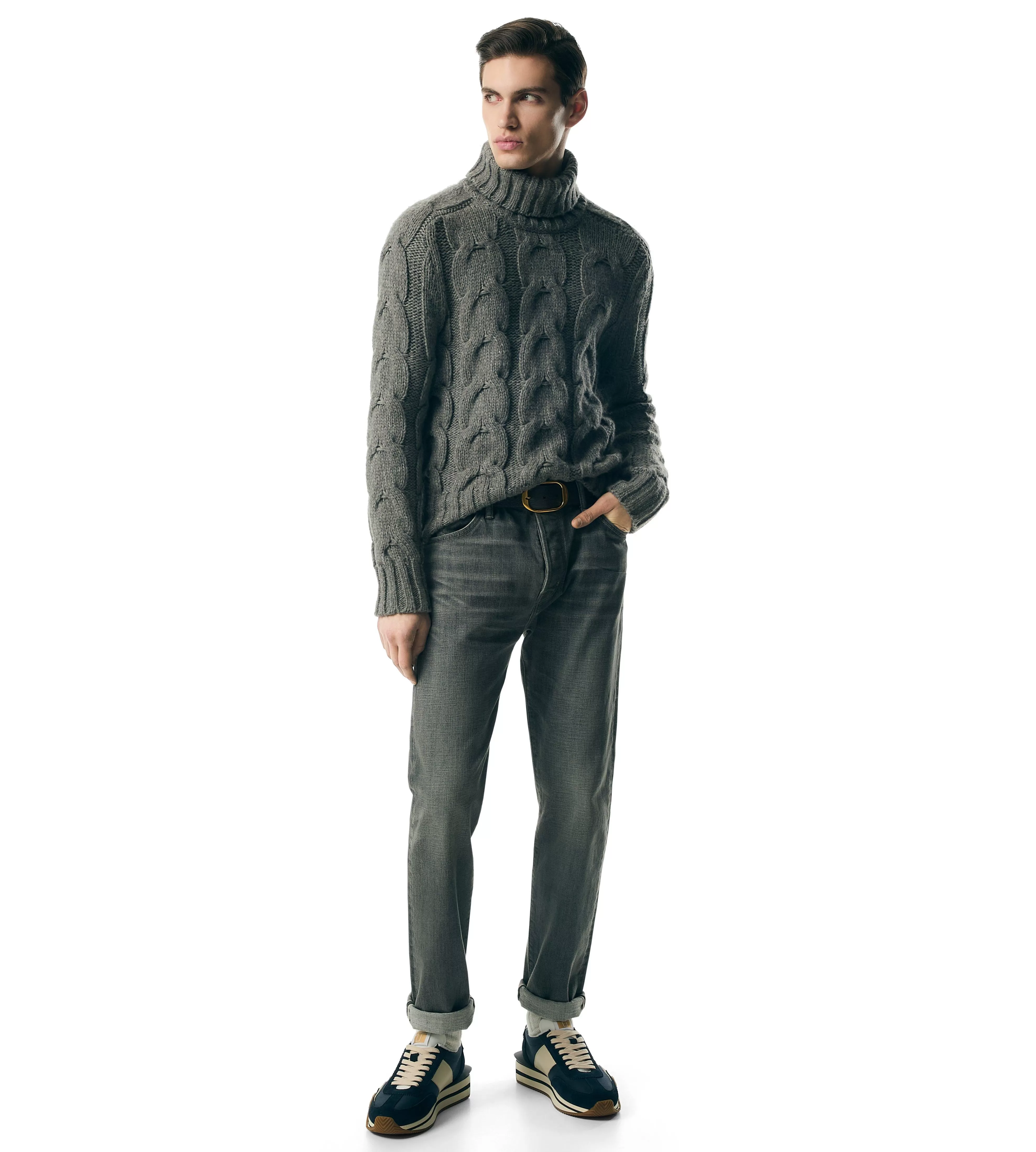 TOM FORD BABY YAK CABLE KNIT ROLL NECK GREY MELANGE^MEN Knitwear