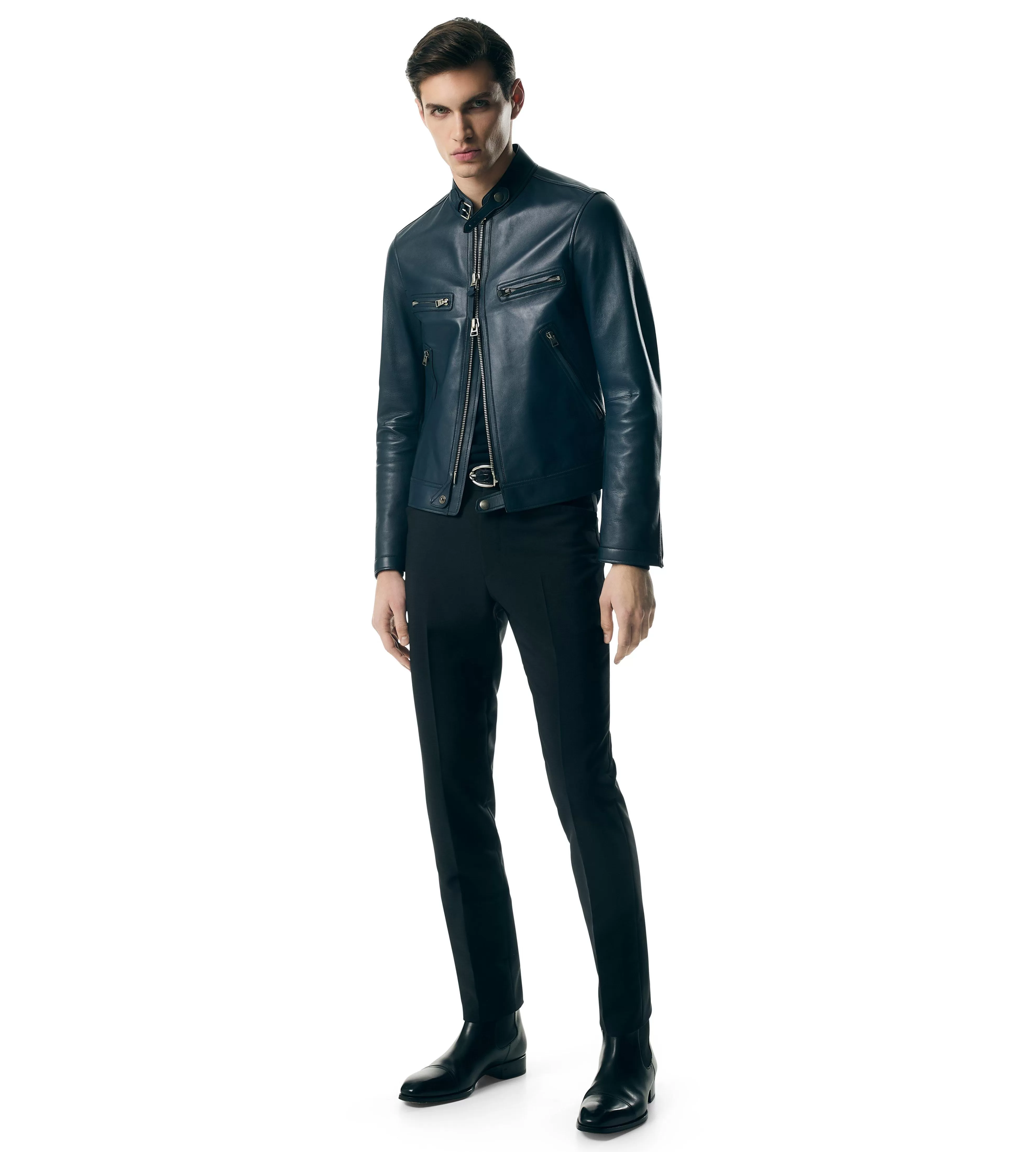 TOM FORD BONDED NAPPA PLONGE ZIP RACER JACKET BLUE^MEN Outerwear