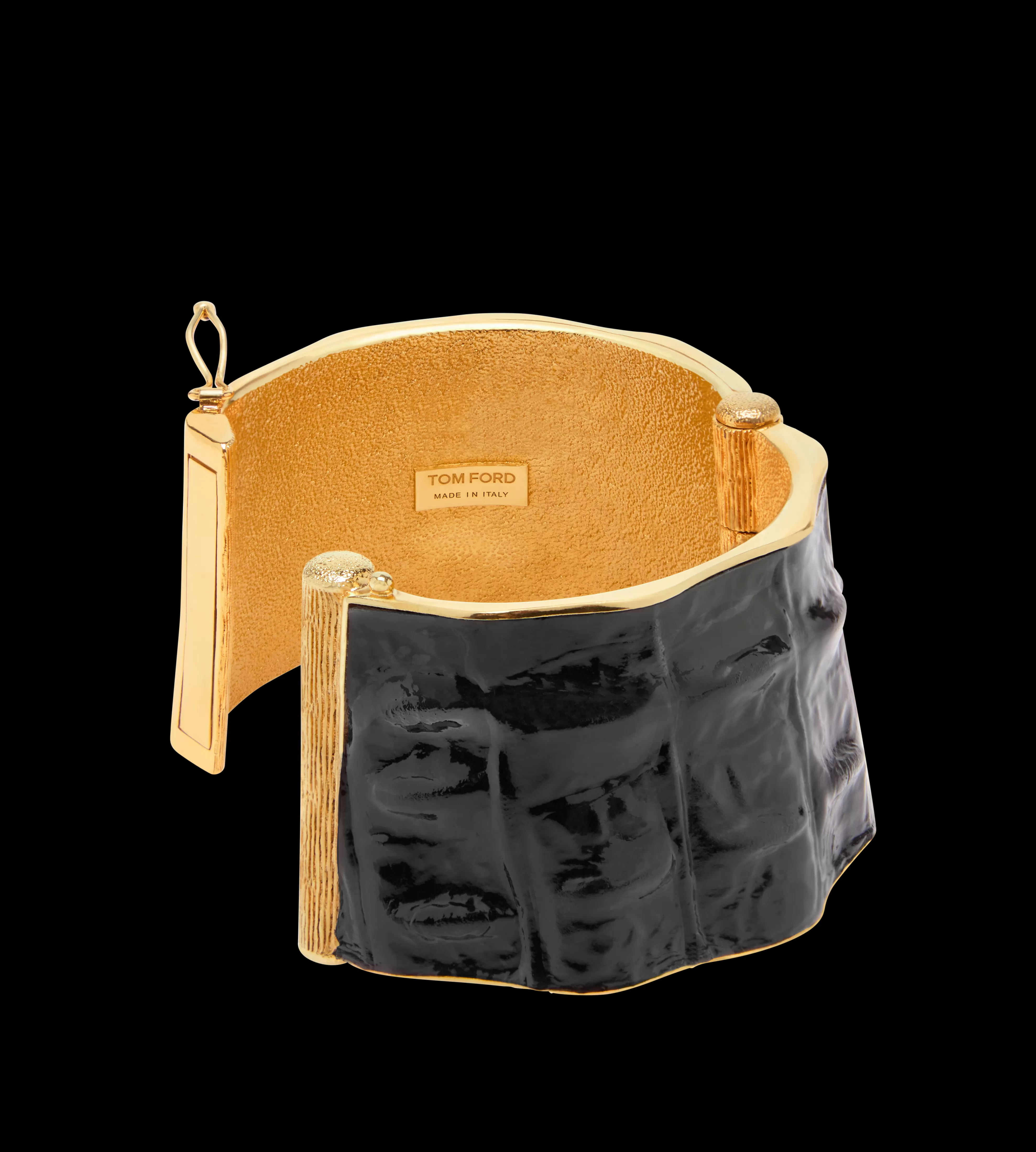 TOM FORD BRASS AND GLOSSY STAMPED CROCODILE LEATHER SOLAR CUFF BLACK^WOMEN SPRING 24