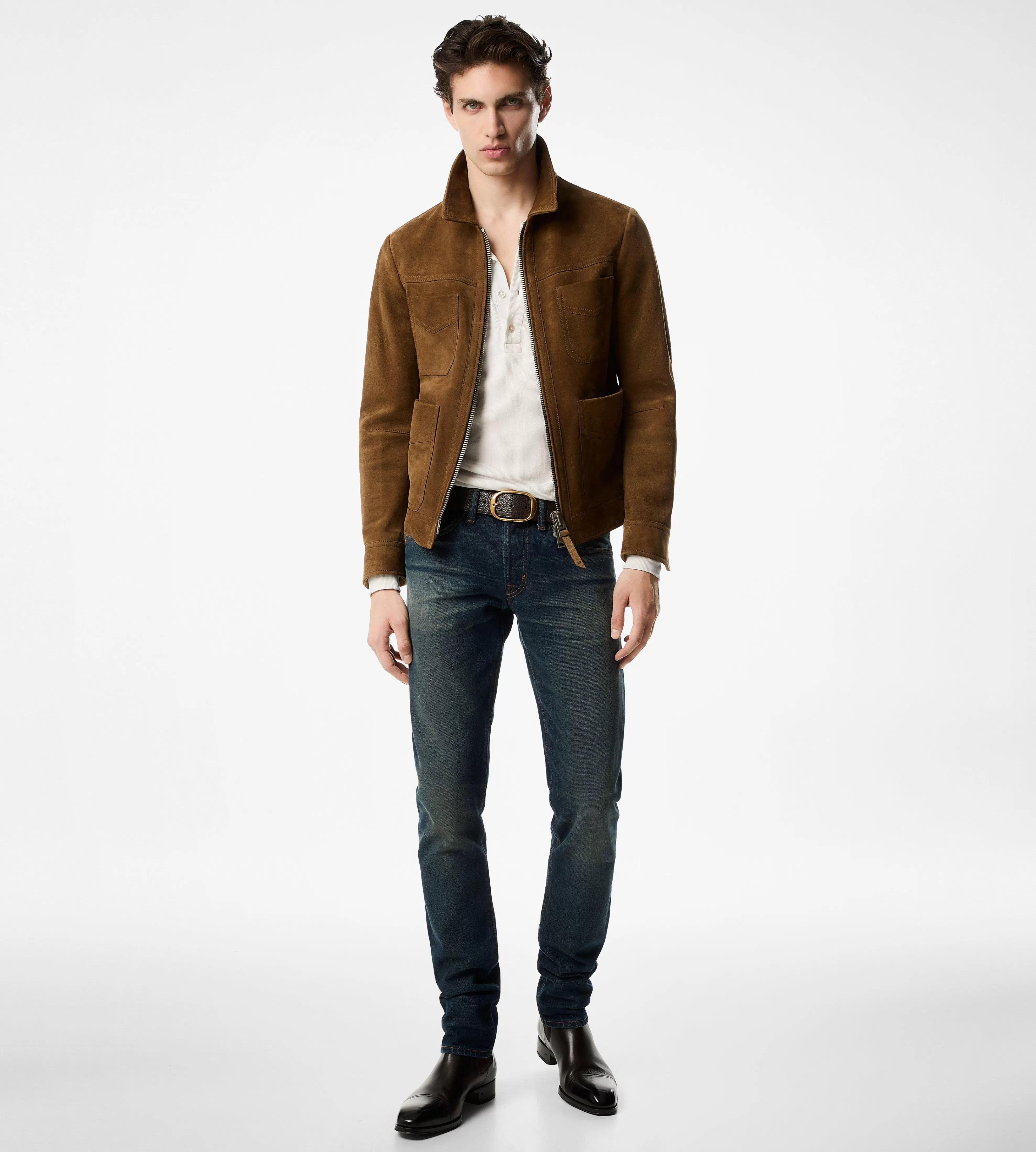 TOM FORD BRUSHED HEATHERED SUEDE FOUR POCKET BLOUSON CIGAR^MEN | MEN Outerwear | SPRING 24