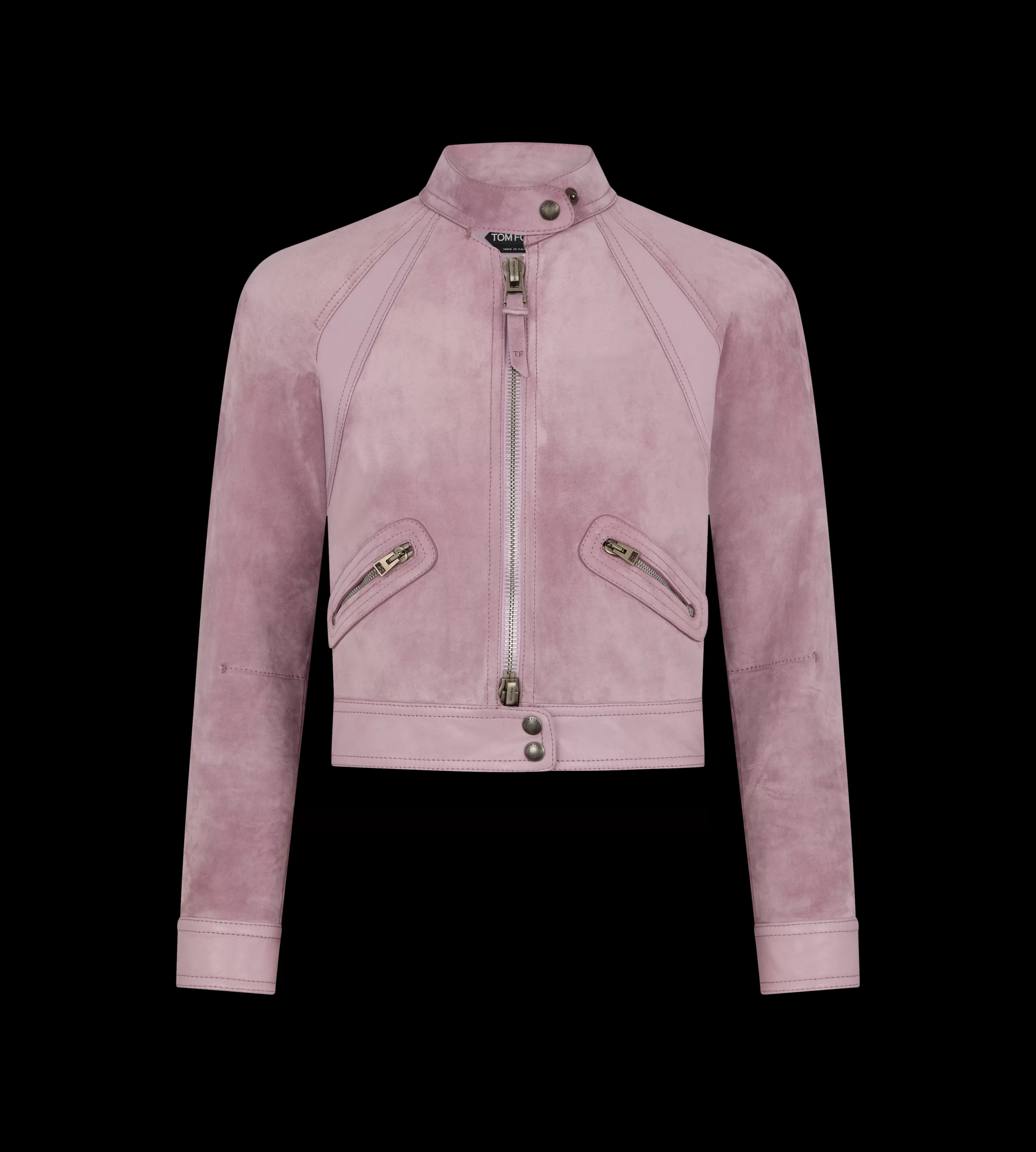 TOM FORD CASHMERE SUEDE AND NEW PLONGE' CROPPED RACER JACKET LILAC^WOMEN | WOMEN Outerwear | SPRING 24