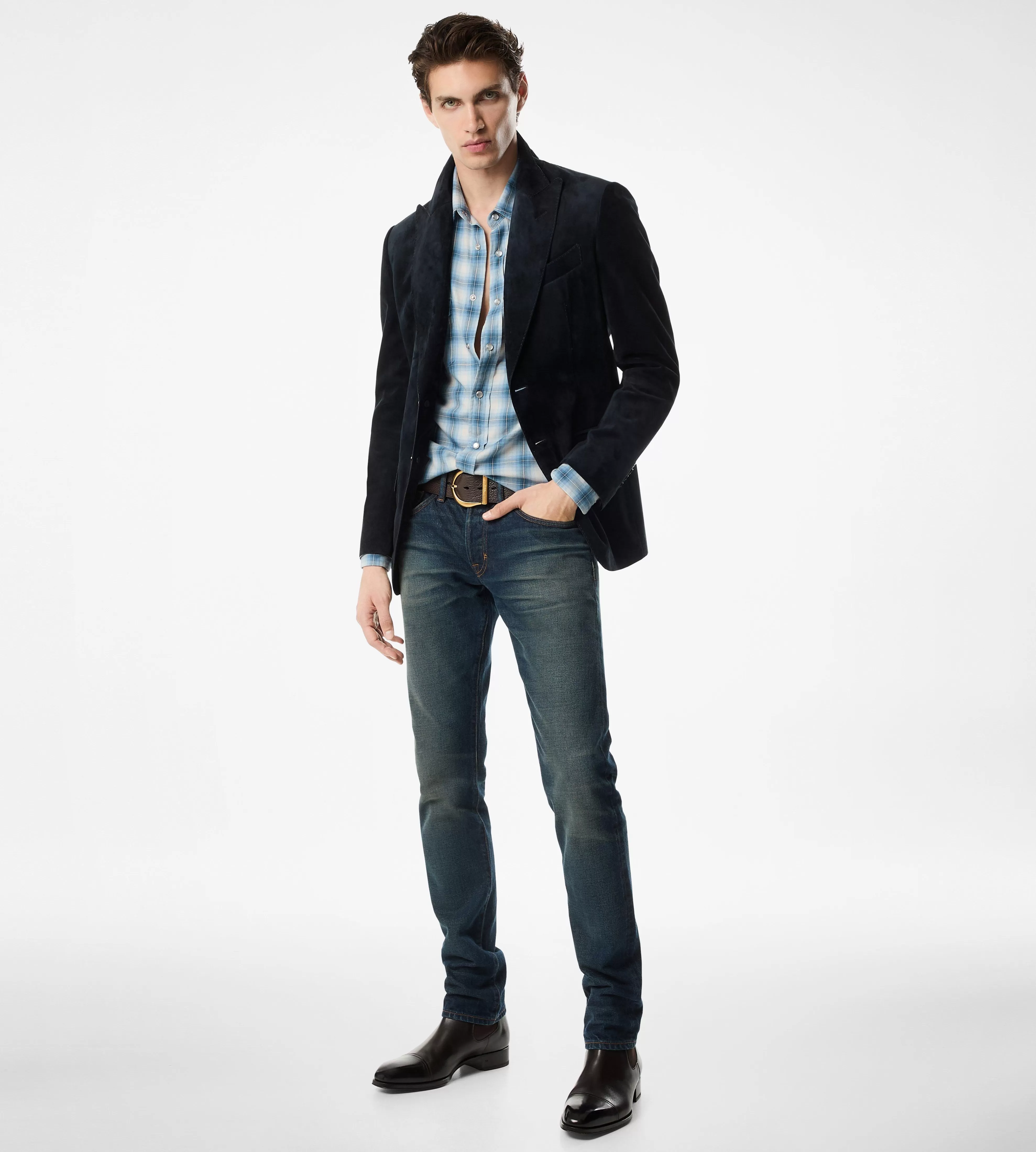 TOM FORD CASHMERE SUEDE SARTORIAL BLAZER NAVY^MEN | MEN Outerwear | SPRING 24