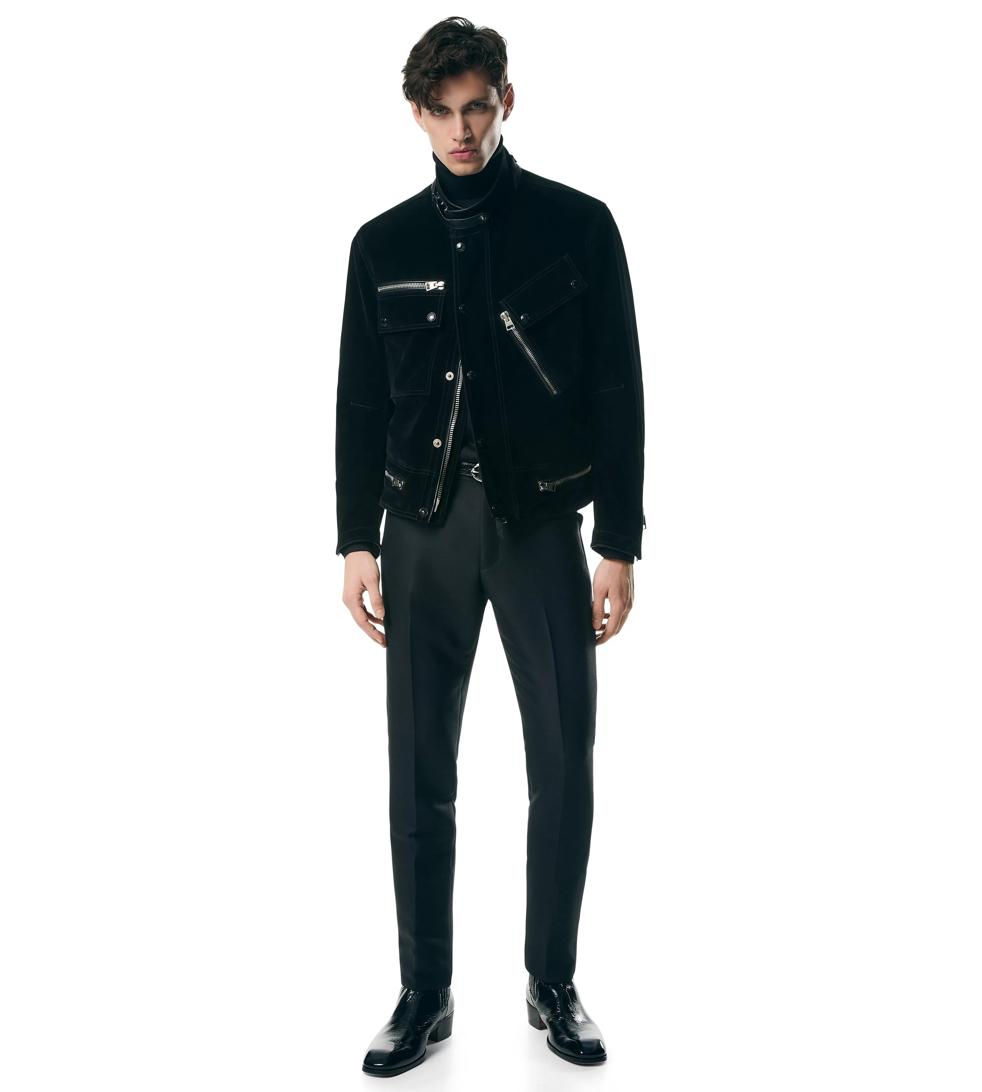 TOM FORD COMPACT LIGHT VELVET MOTORCYCLE JACKET BLACK^MEN | MEN Outerwear | AUTUMN/WINTER 23