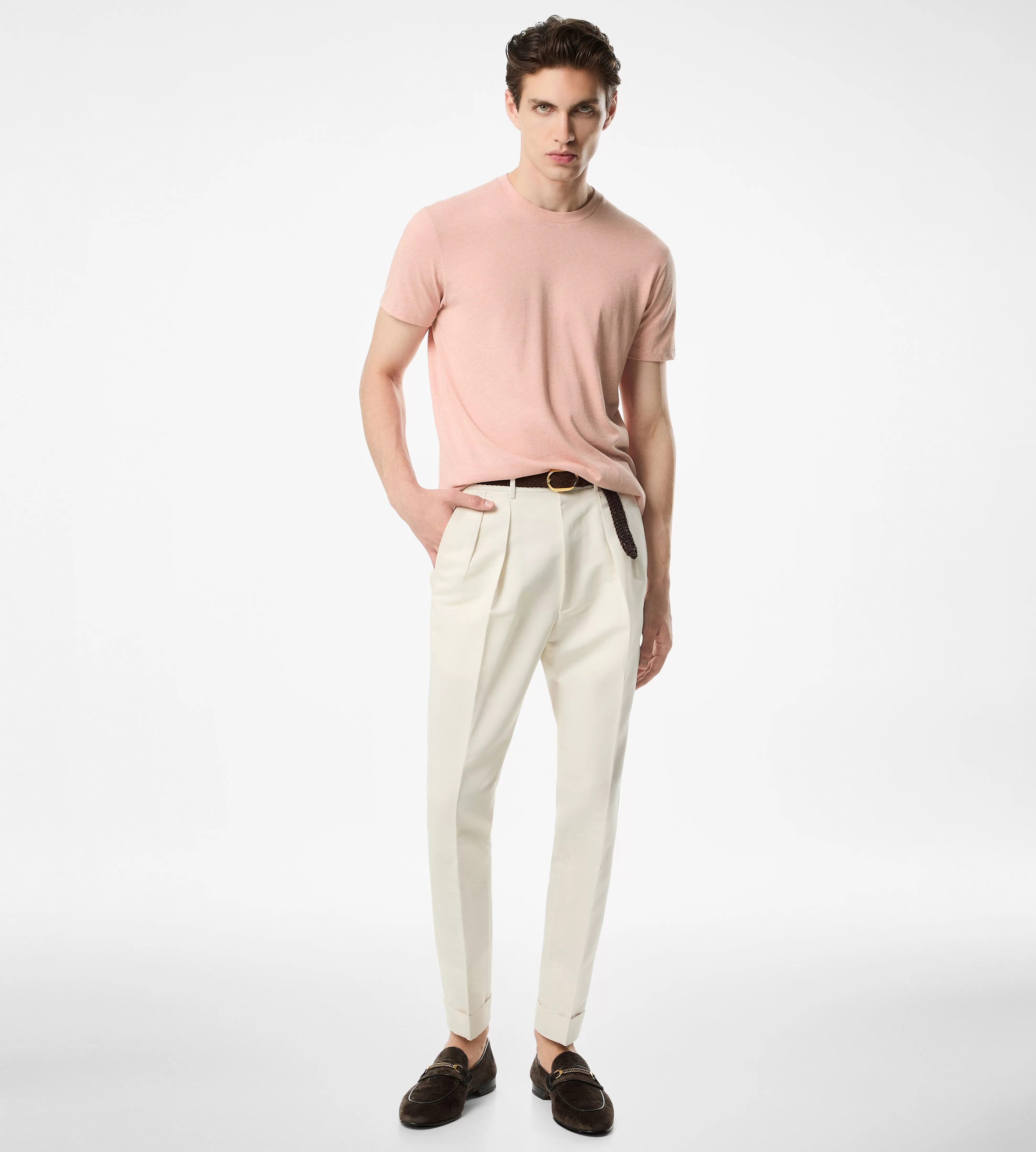 TOM FORD COTTON BLEND MELANGE CREW NECK T-SHIRT PINK^MEN SPRING 24