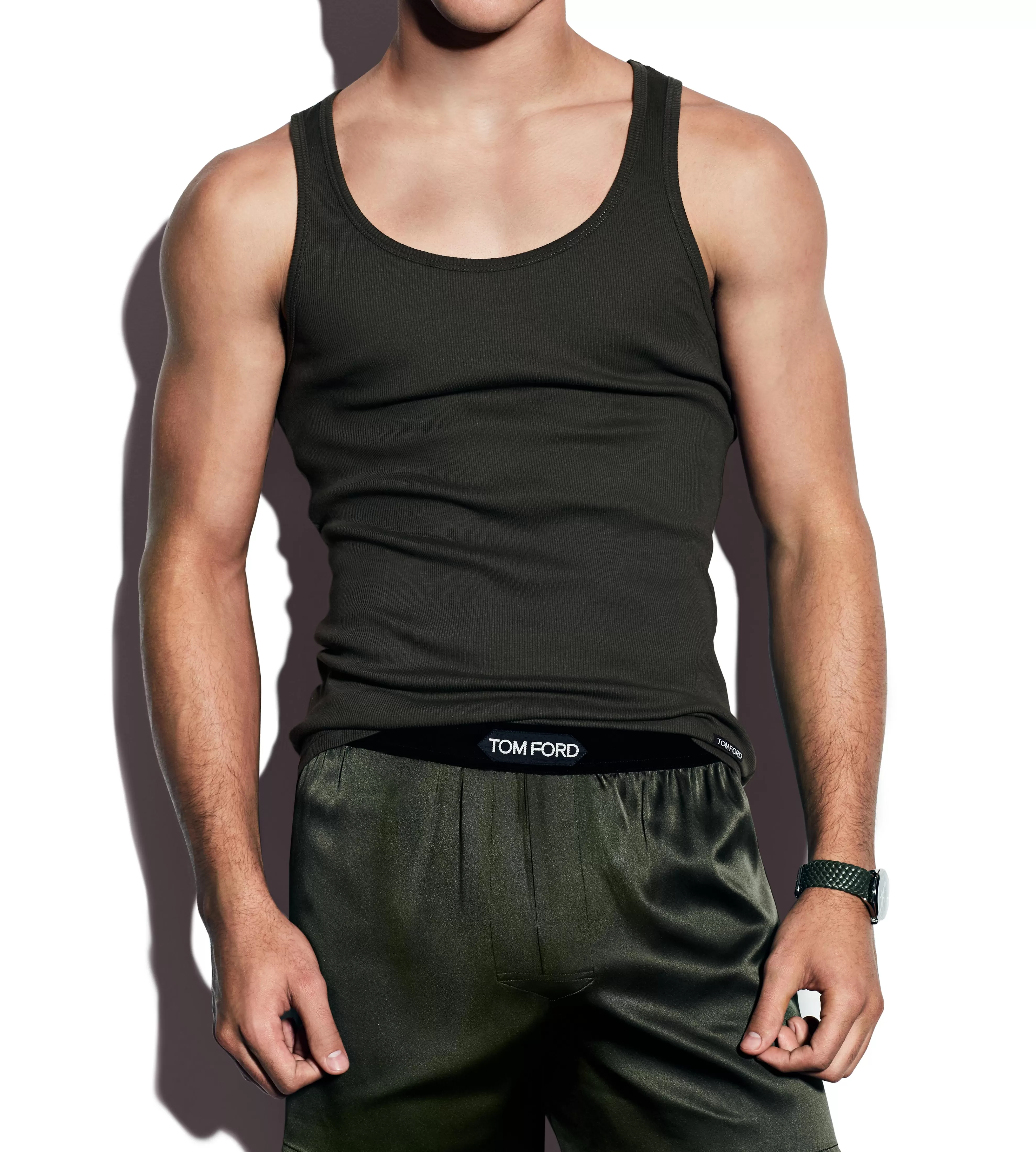 TOM FORD COTTON MODAL RIB TANK MILITARY GREEN^MEN T-SHIRTS