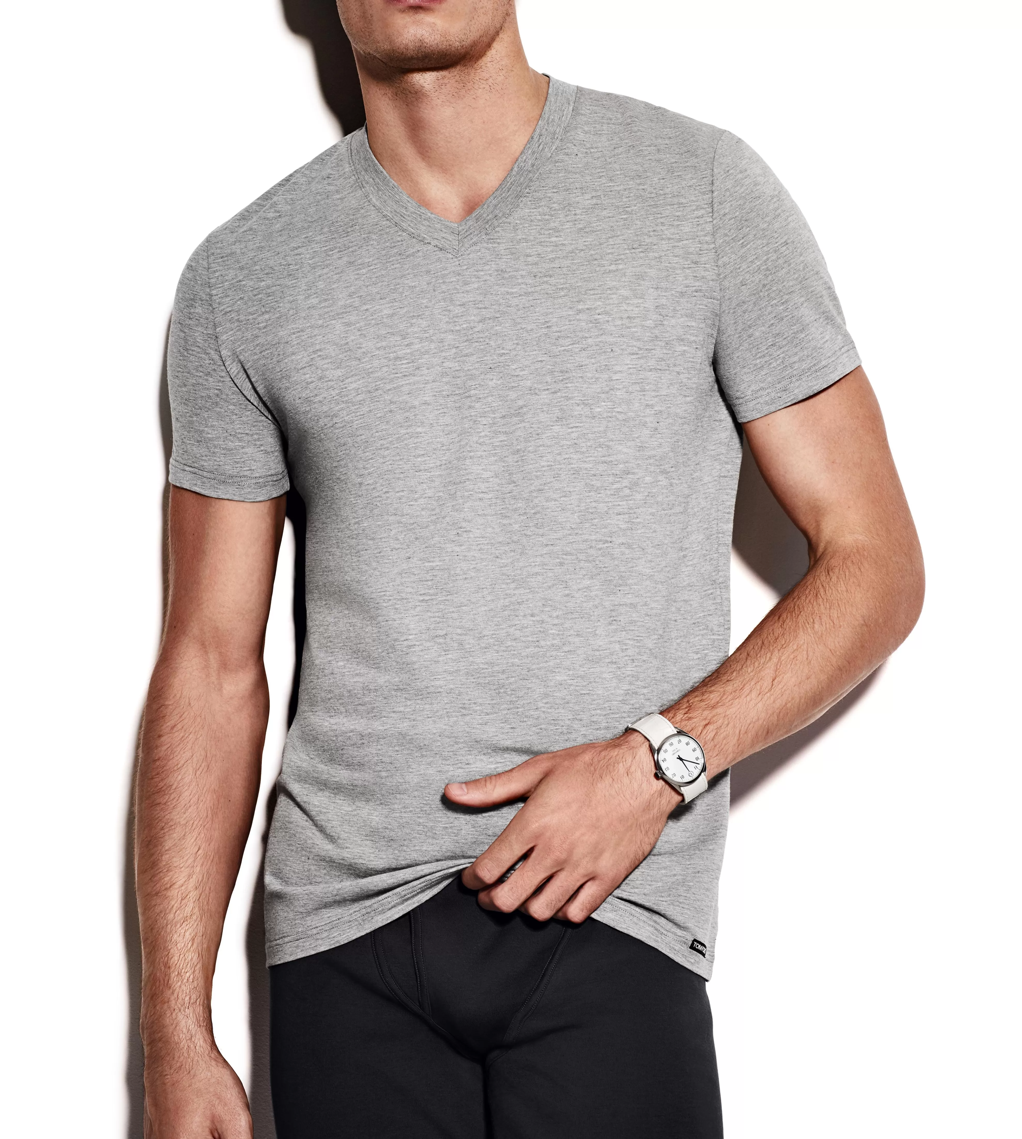 TOM FORD COTTON V-NECK T-SHIRT GREY^MEN T-SHIRTS