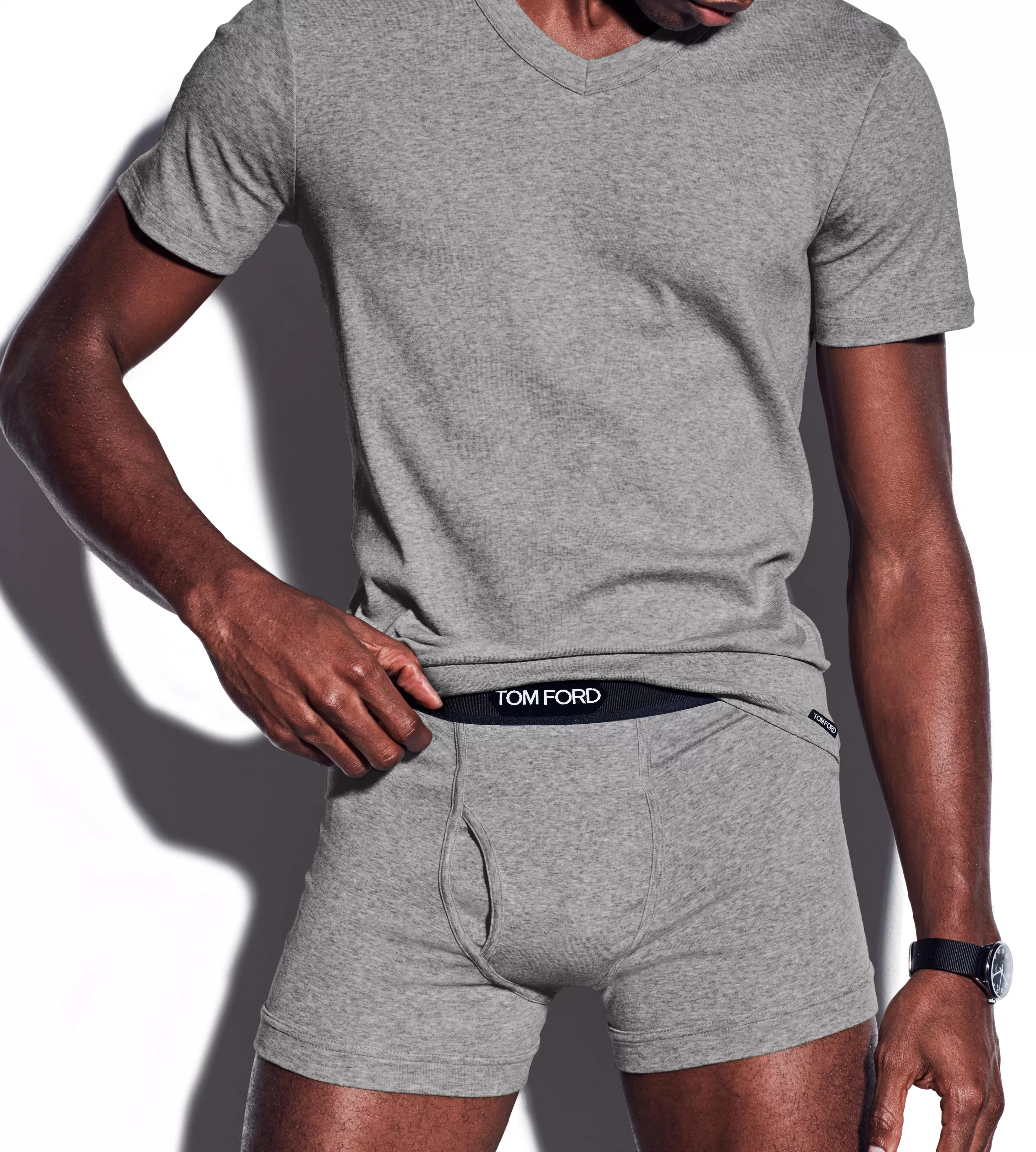 TOM FORD COTTON V-NECK T-SHIRT GREY^MEN T-SHIRTS