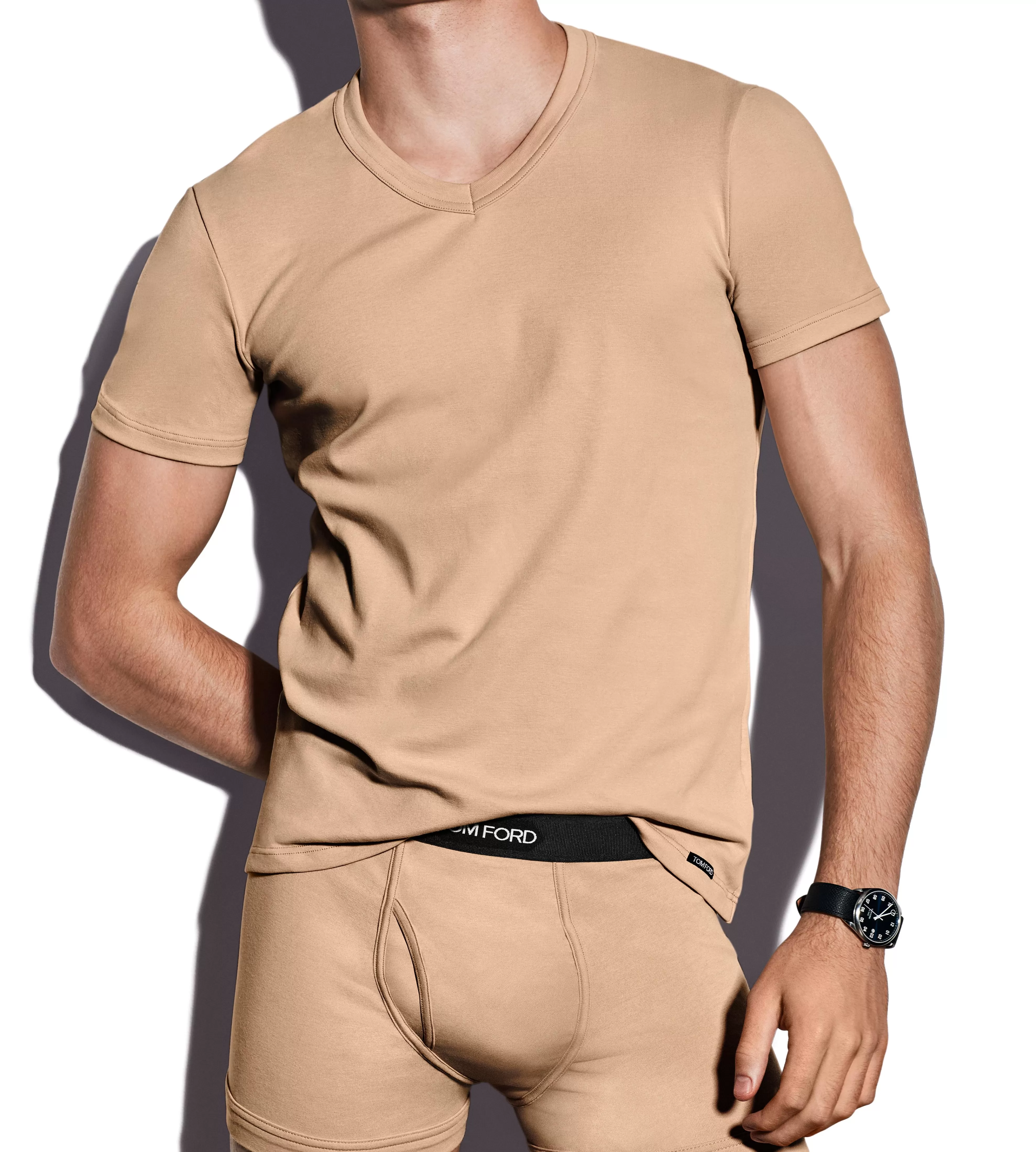 TOM FORD COTTON V-NECK T-SHIRT NUDE 1^MEN T-SHIRTS