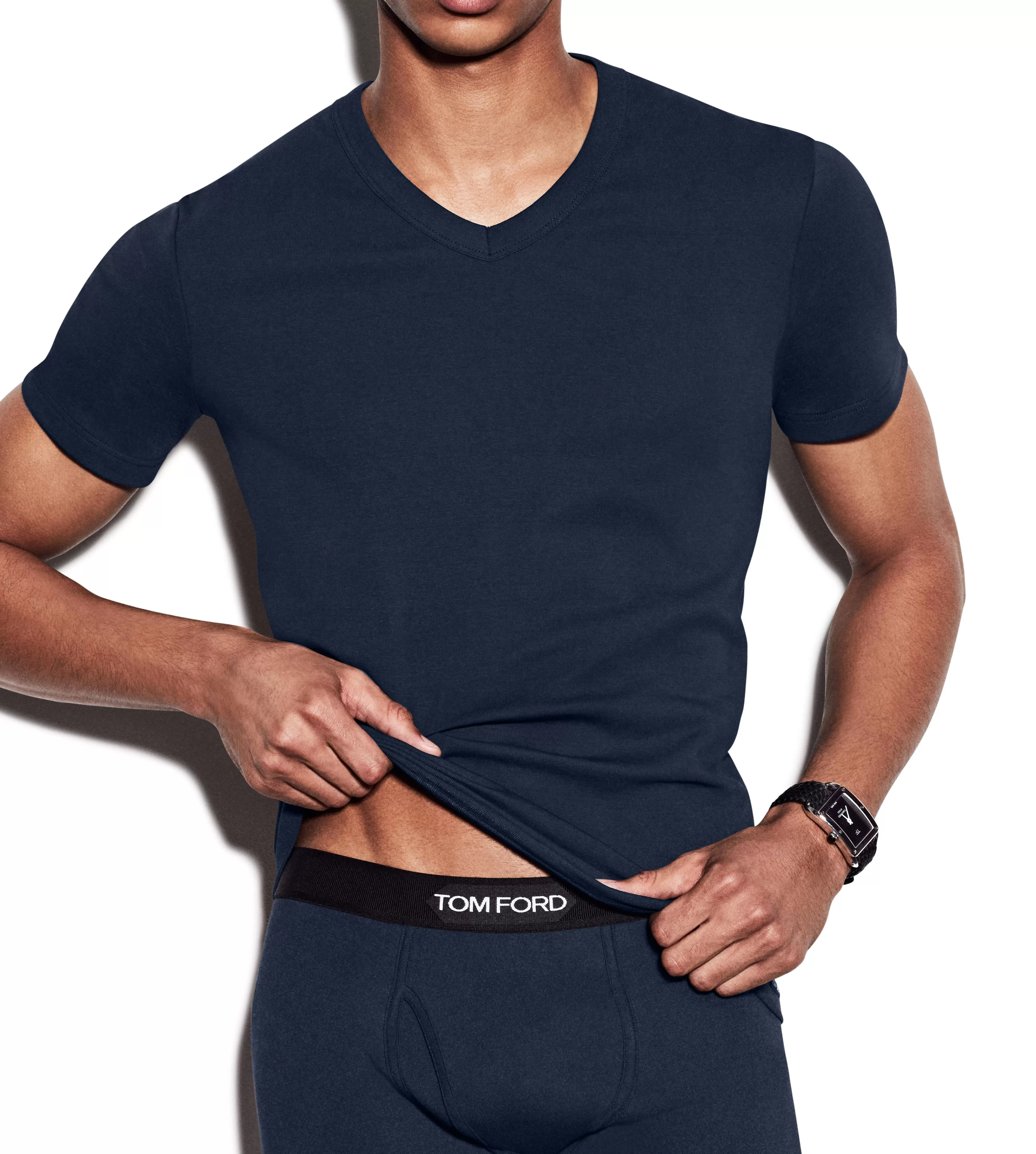 TOM FORD COTTON V-NECK T-SHIRT NAVY^MEN T-SHIRTS