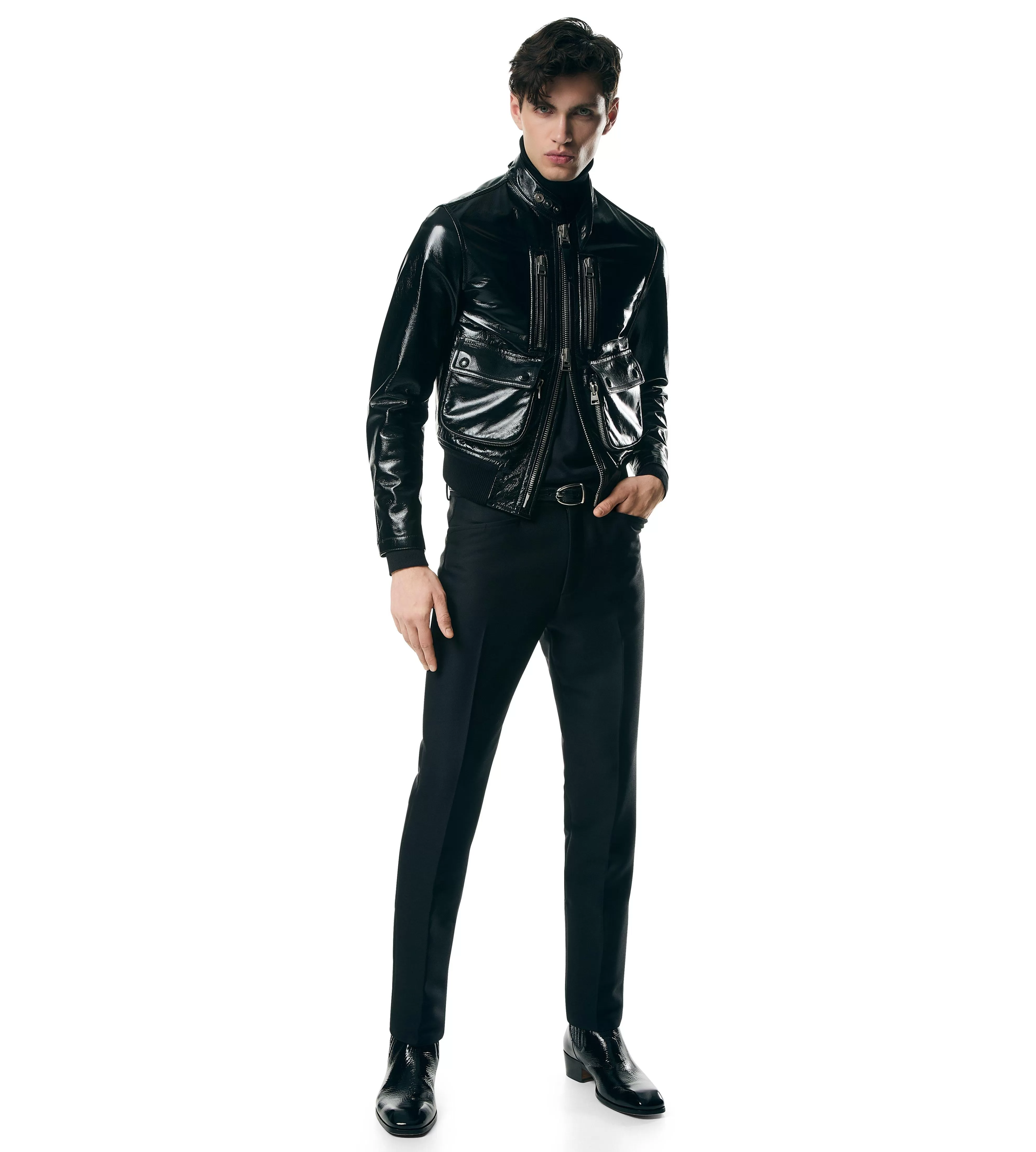 TOM FORD CRACKLED LEATHER ZIP POCKET BLOUSON BLACK^MEN | MEN Outerwear | AUTUMN/WINTER 23