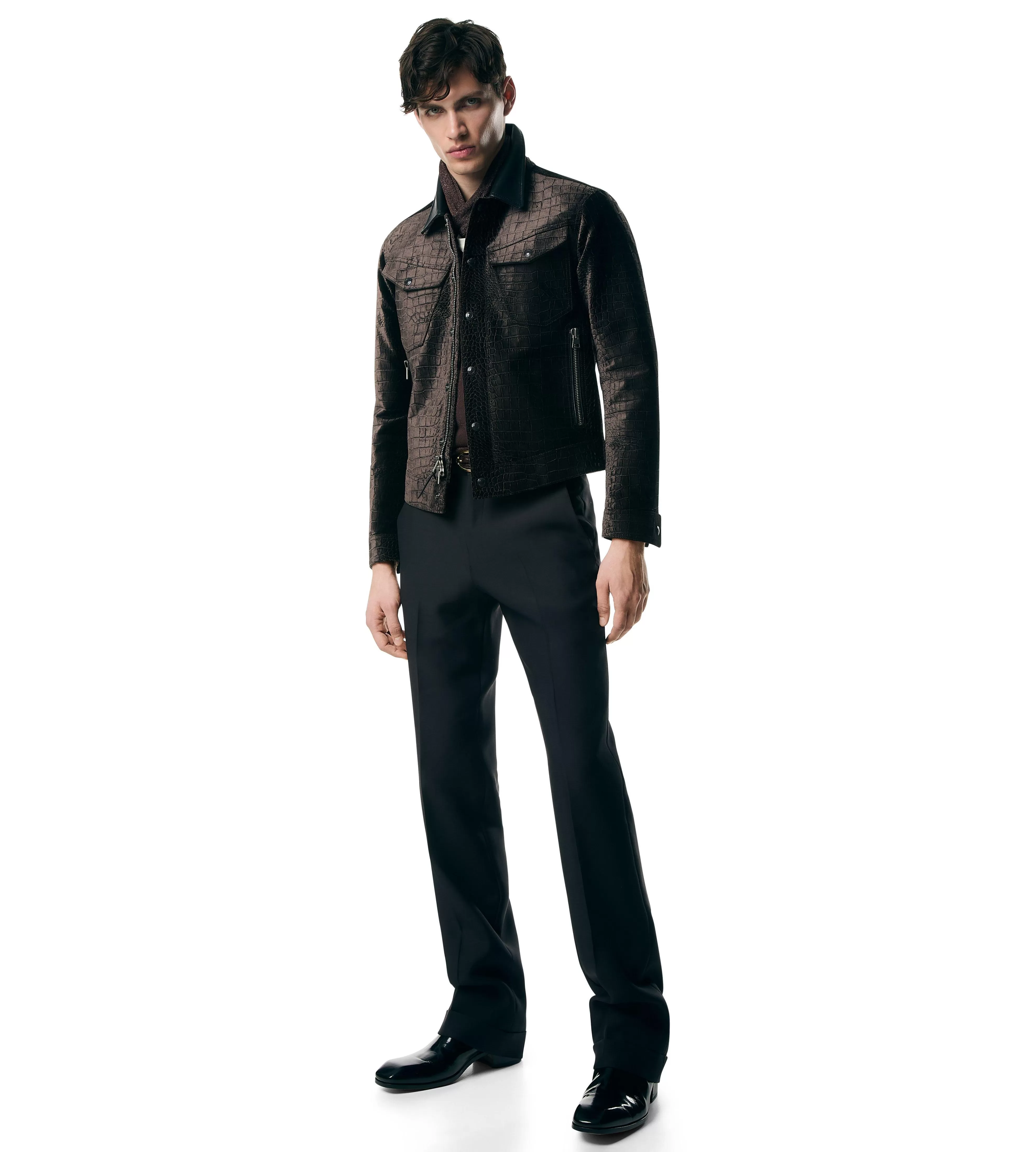 TOM FORD CROC PRINTED VELVET WESTERN JACKET DARK CHOCOLATE^MEN | MEN Outerwear | AUTUMN/WINTER 23