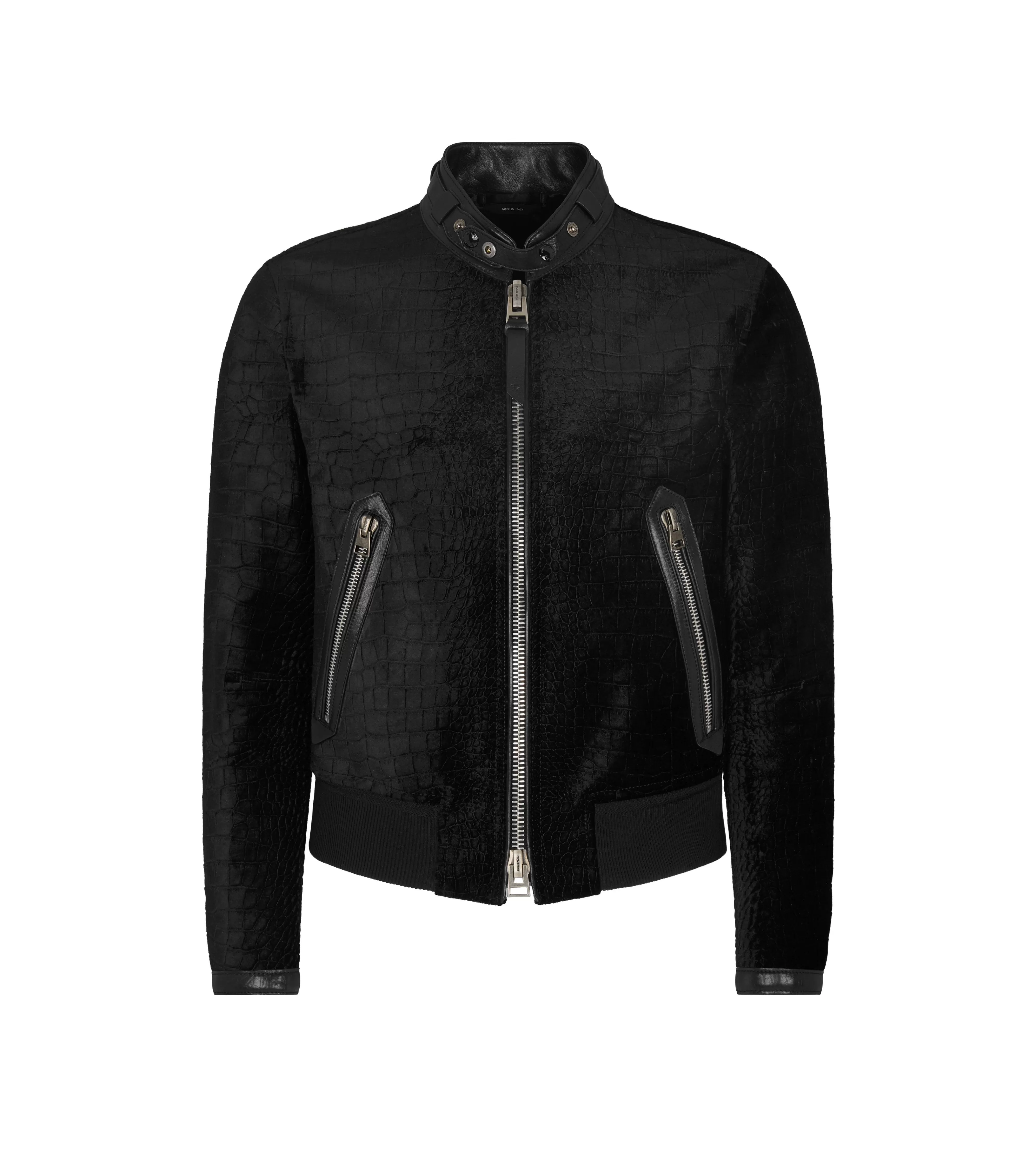 TOM FORD CROCO PRINTED VELVET BIKER BLACK^MEN | MEN Outerwear | AUTUMN/WINTER 23