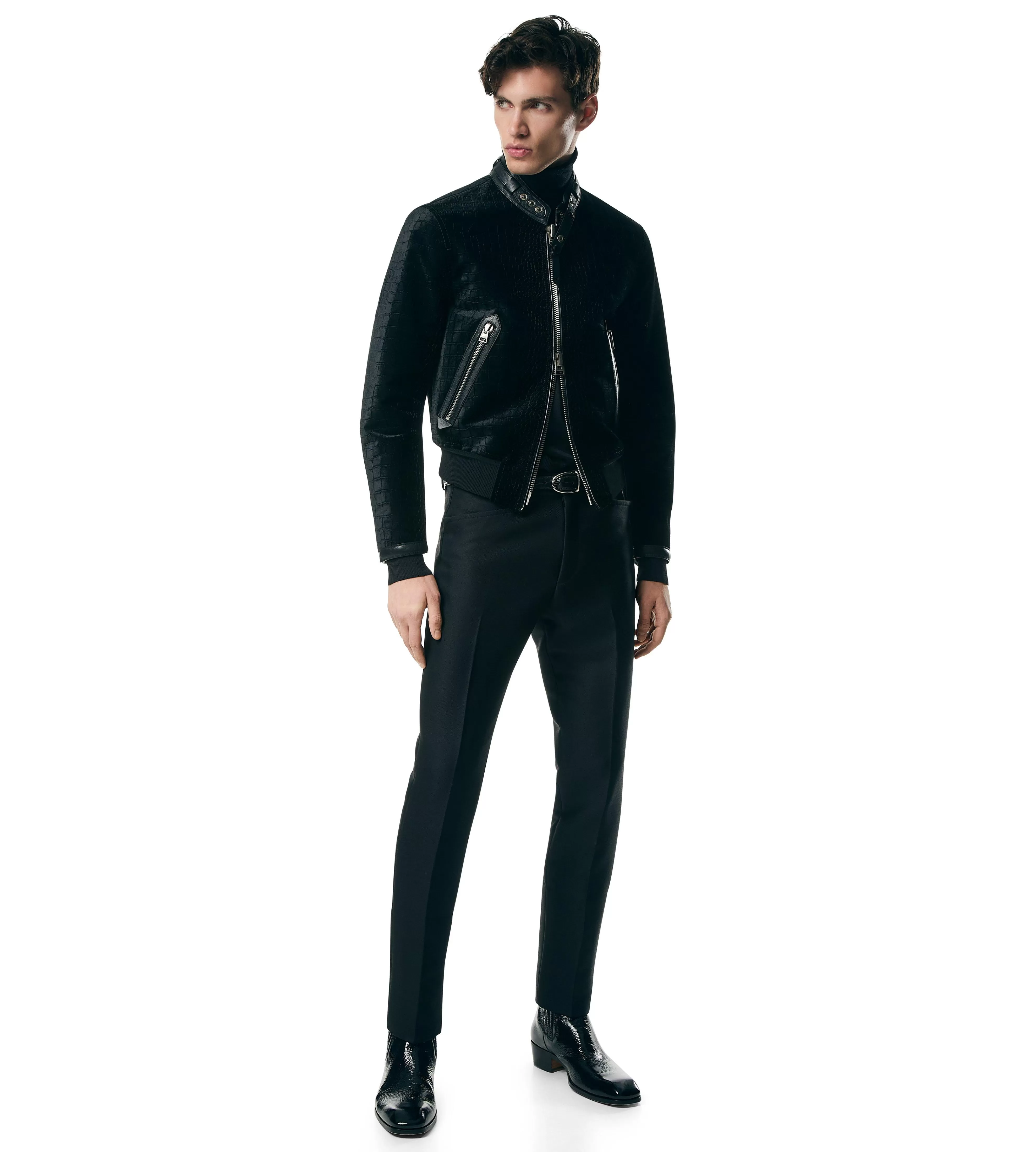 TOM FORD CROCO PRINTED VELVET BIKER BLACK^MEN | MEN Outerwear | AUTUMN/WINTER 23