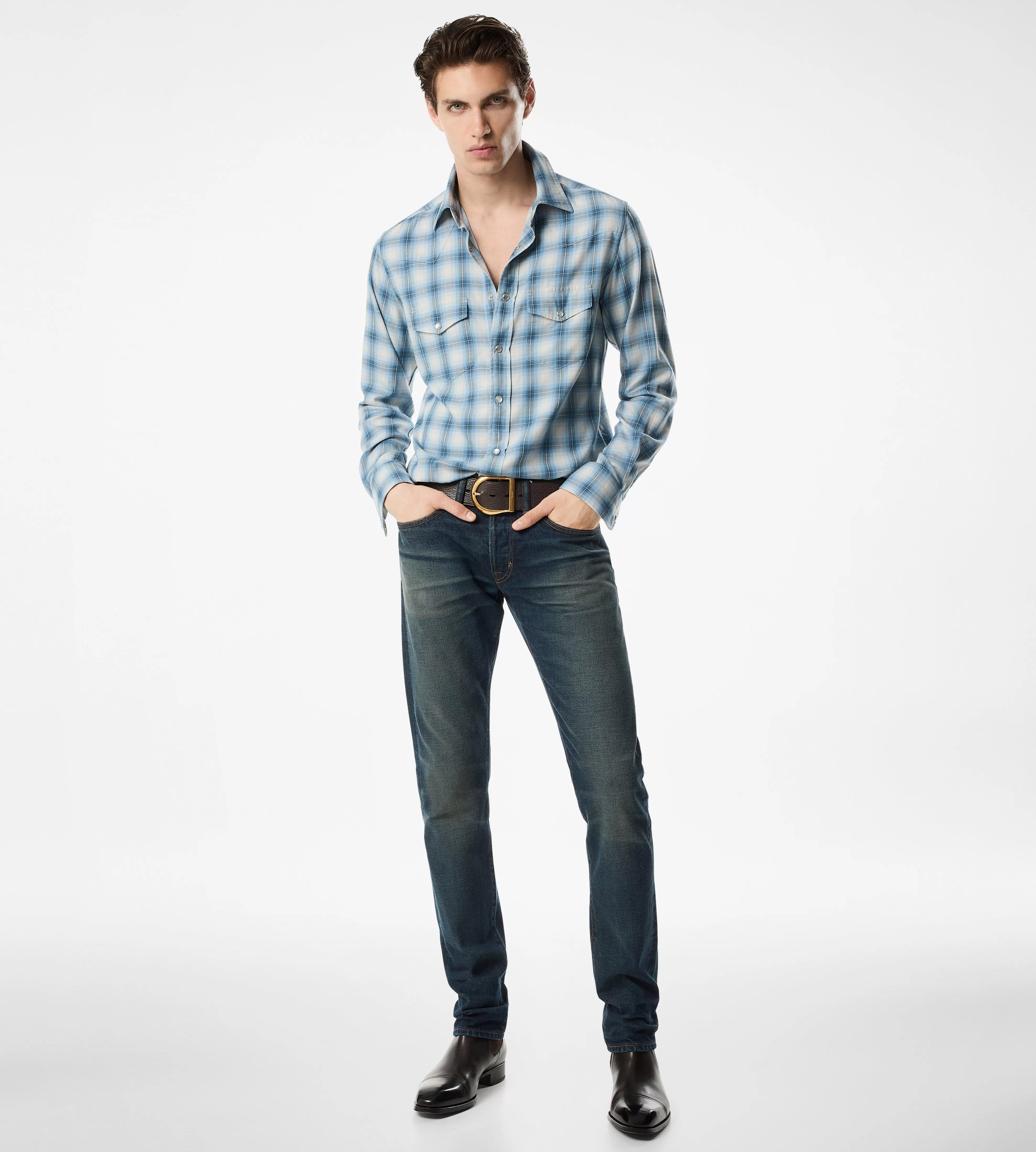 TOM FORD DEGRADE OVERCHECK WESTERN SHIRT COMBO BLUE^MEN SPRING 24