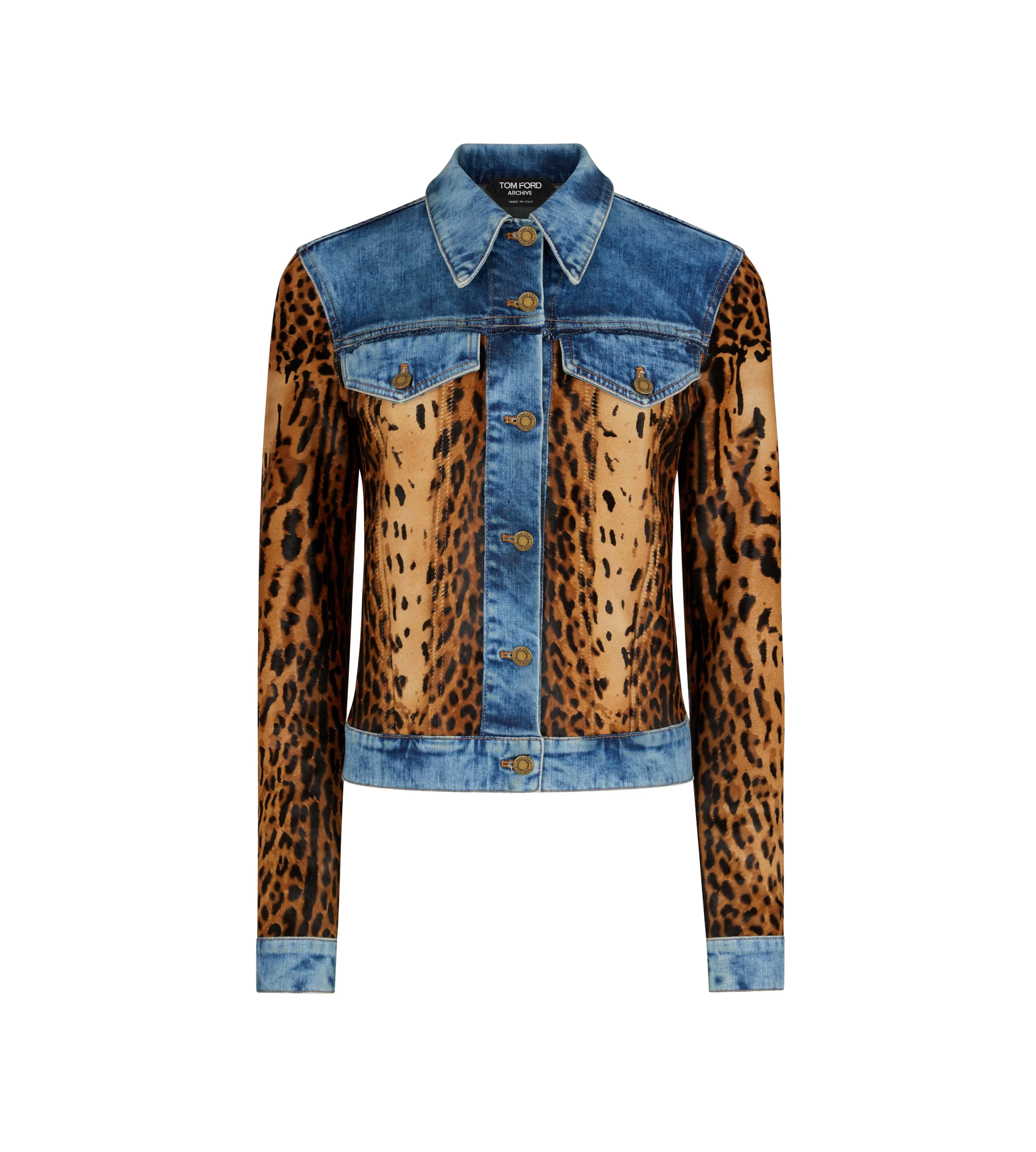 TOM FORD DENIM & CALF HAIR JEAN JACKET INDIGO + BEIGE/BROWN^WOMEN | WOMEN Outerwear | AUTUMN/WINTER 23