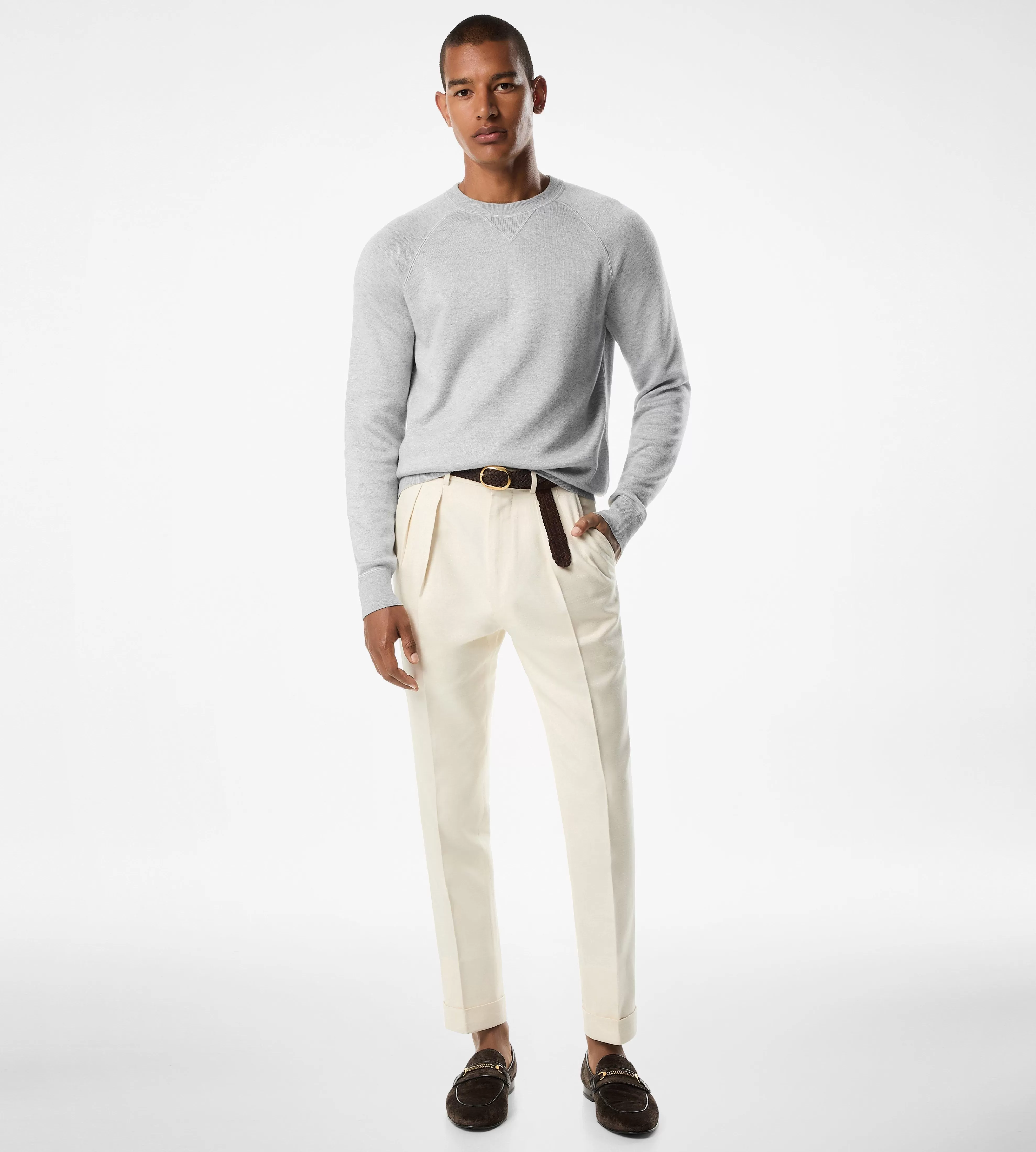 TOM FORD DOUBLE FACE VISCOSE CREWNECK LIGHT GREY^MEN | MEN Knitwear | SPRING 24