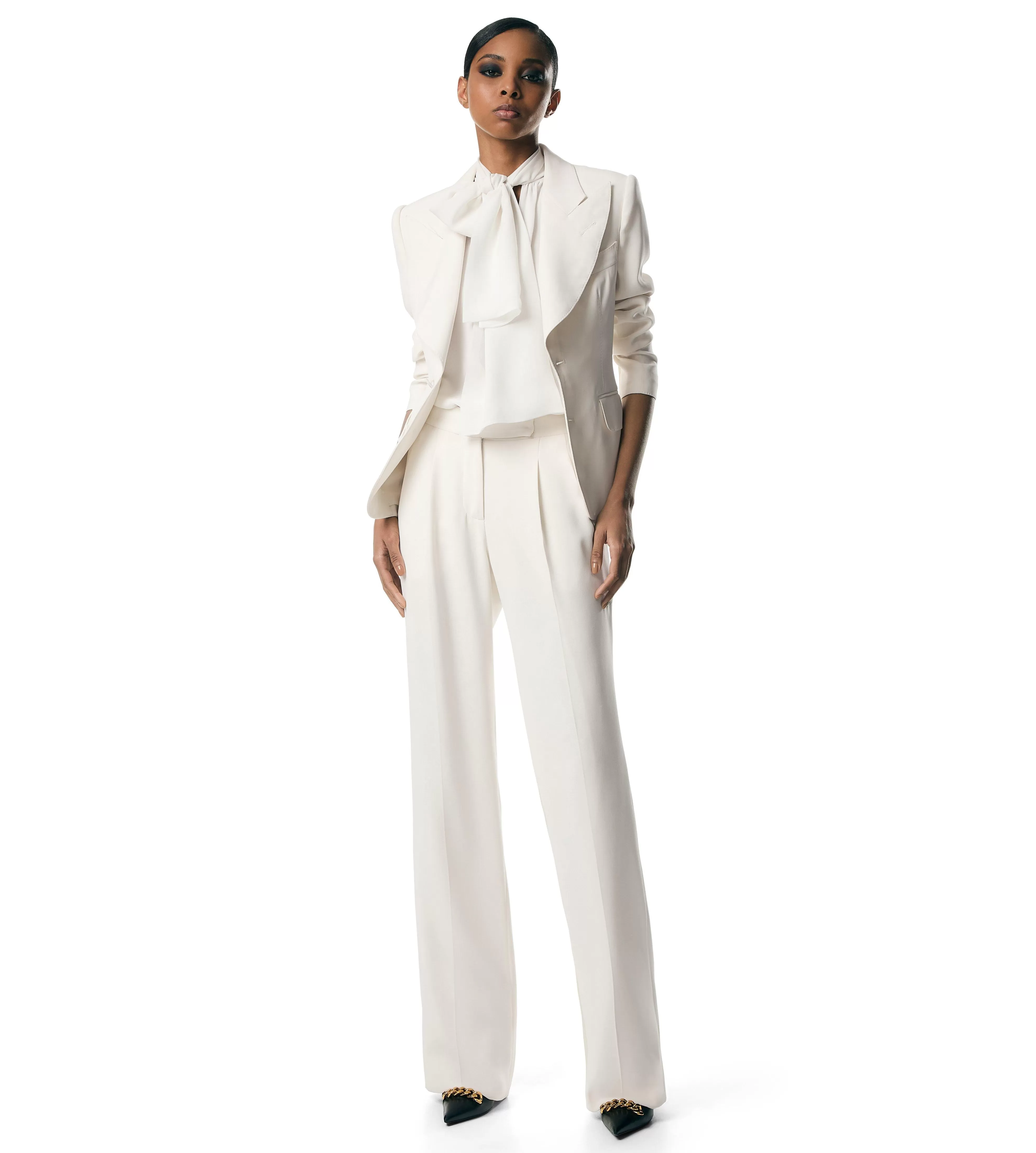 TOM FORD DOUBLE SILK GEORGETTE WIDE LEG TAILORED PANTS CHALK^WOMEN Pants & Shorts