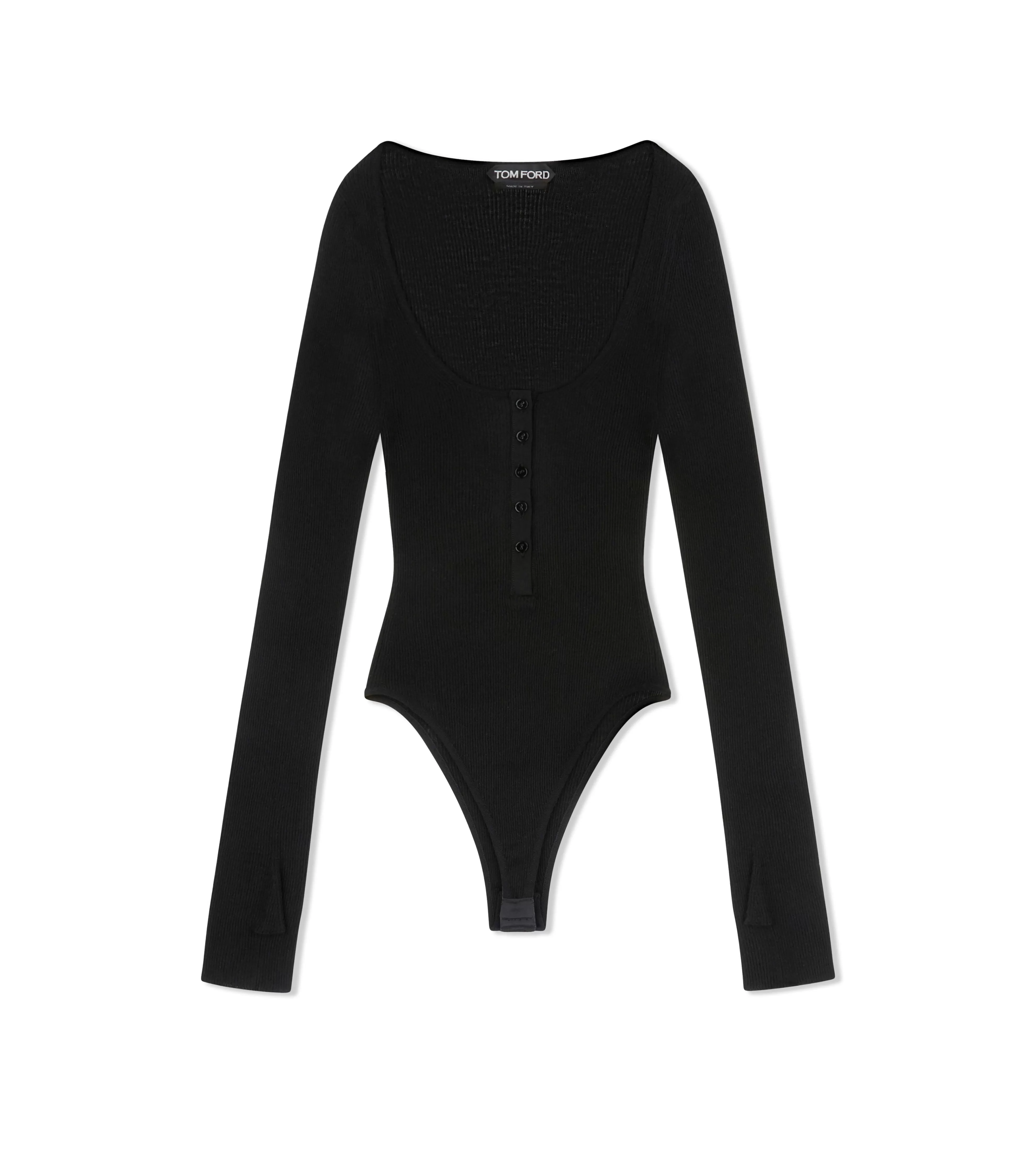 TOM FORD EXTRA FINE CASHMERE SILK RIB LONG SLEEVE BODYSUIT BLACK^WOMEN Tops