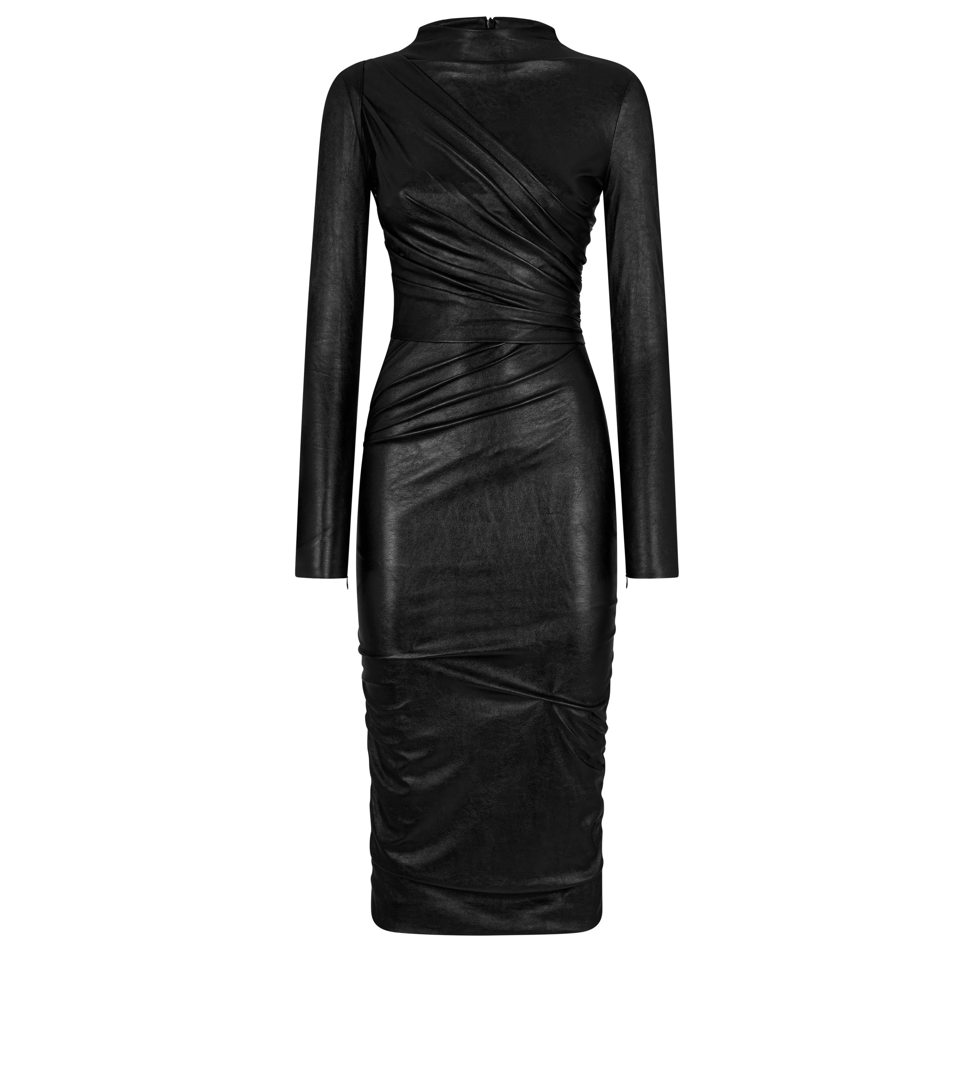 TOM FORD FAUX LEATHER RUCHED DRESS BLACK^WOMEN | WOMEN Dresses | AUTUMN/WINTER 23