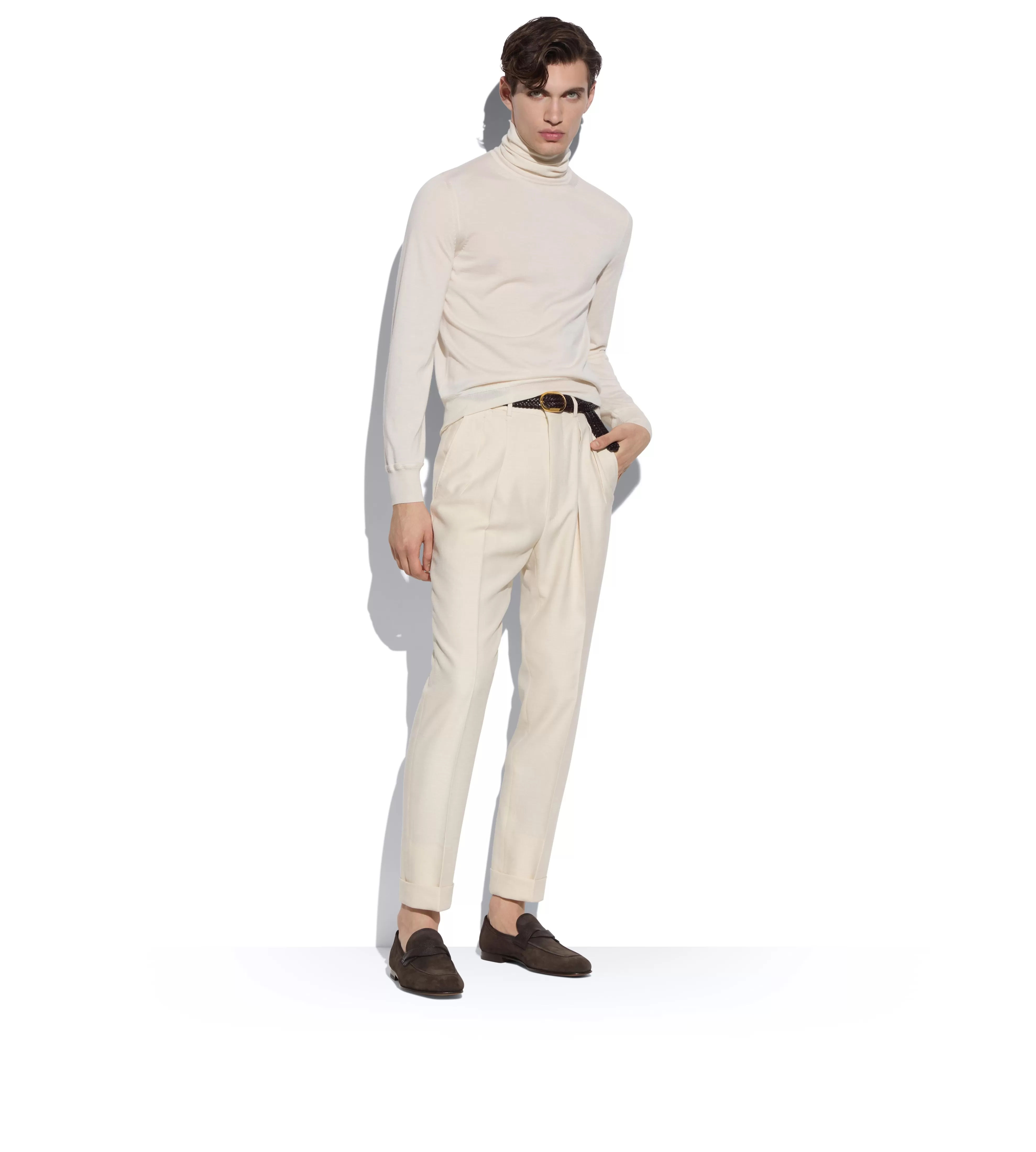 TOM FORD FINE GAUGE CASHMERE SILK ROLL NECK IVORY^MEN Knitwear