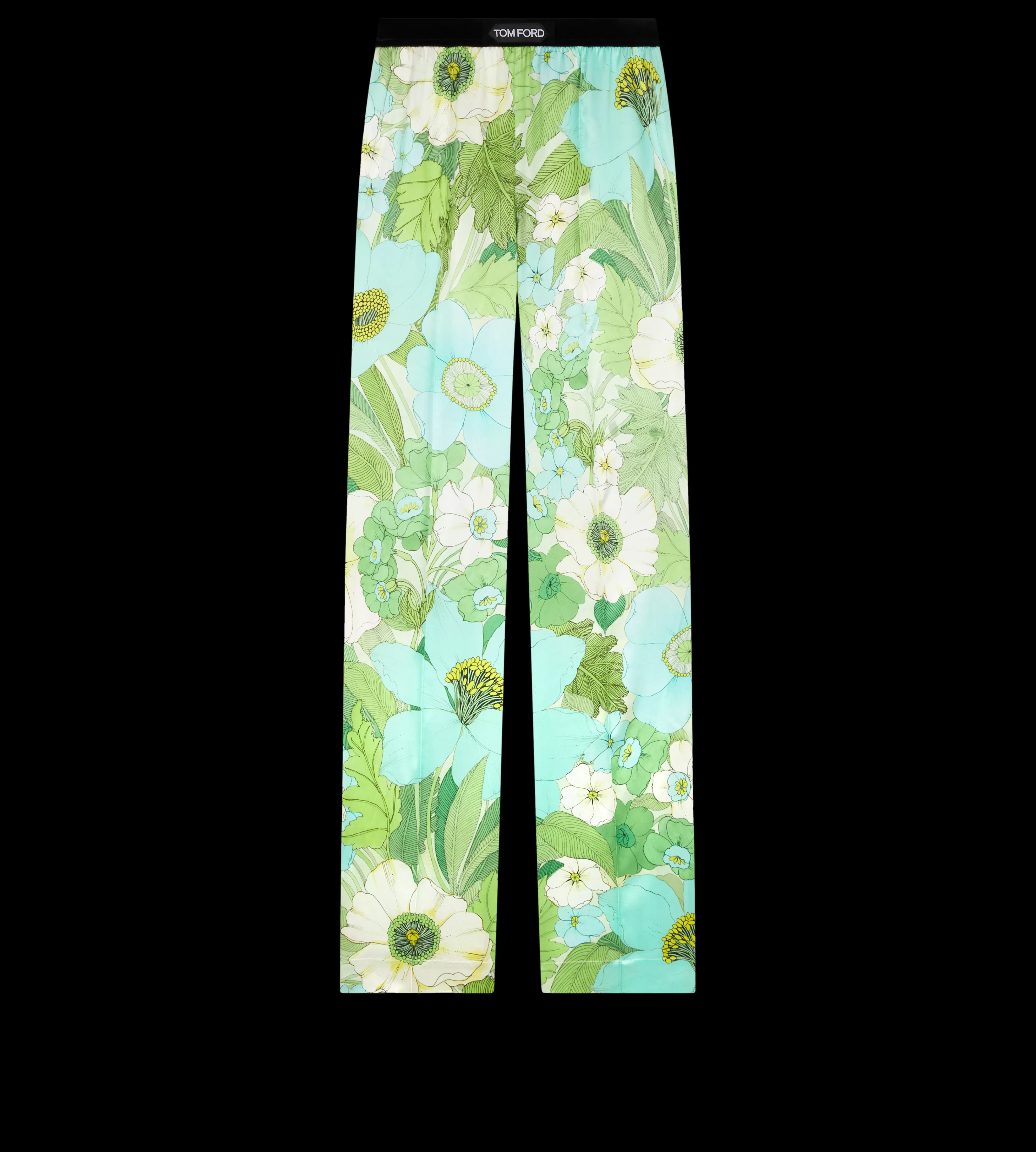 TOM FORD FLORAL PRINT SILK SATIN SIGNATURE PJ PANTS AQUA PALE GREEN^WOMEN | WOMEN | WOMEN Pajamas & Robes | Bottoms | SPRING 24