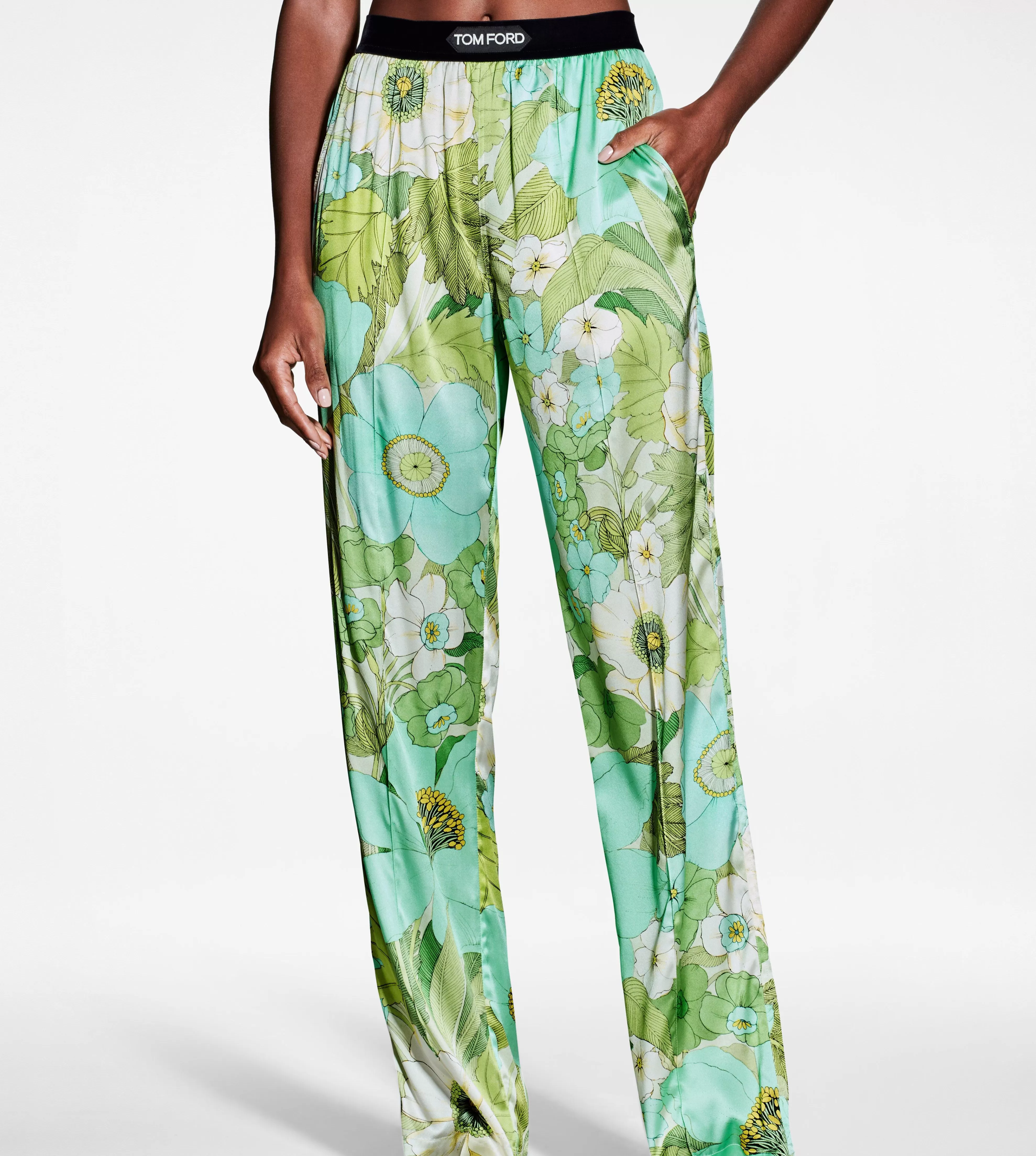 TOM FORD FLORAL PRINT SILK SATIN SIGNATURE PJ PANTS AQUA PALE GREEN^WOMEN | WOMEN | WOMEN Pajamas & Robes | Bottoms | SPRING 24