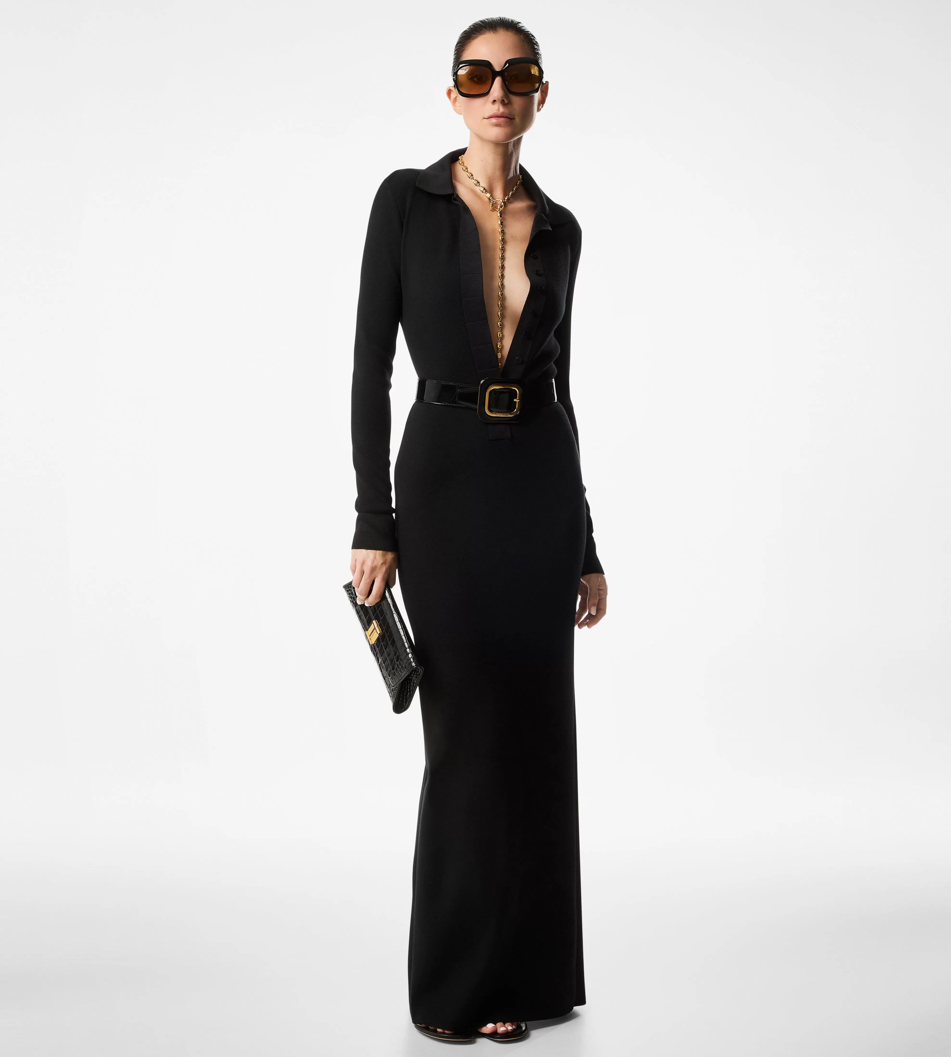 TOM FORD FULL NEEDLE STRETCH WOOL POLO MAXI DRESS BLACK^WOMEN | WOMEN | WOMEN Knitwear | Dresses | SPRING 24