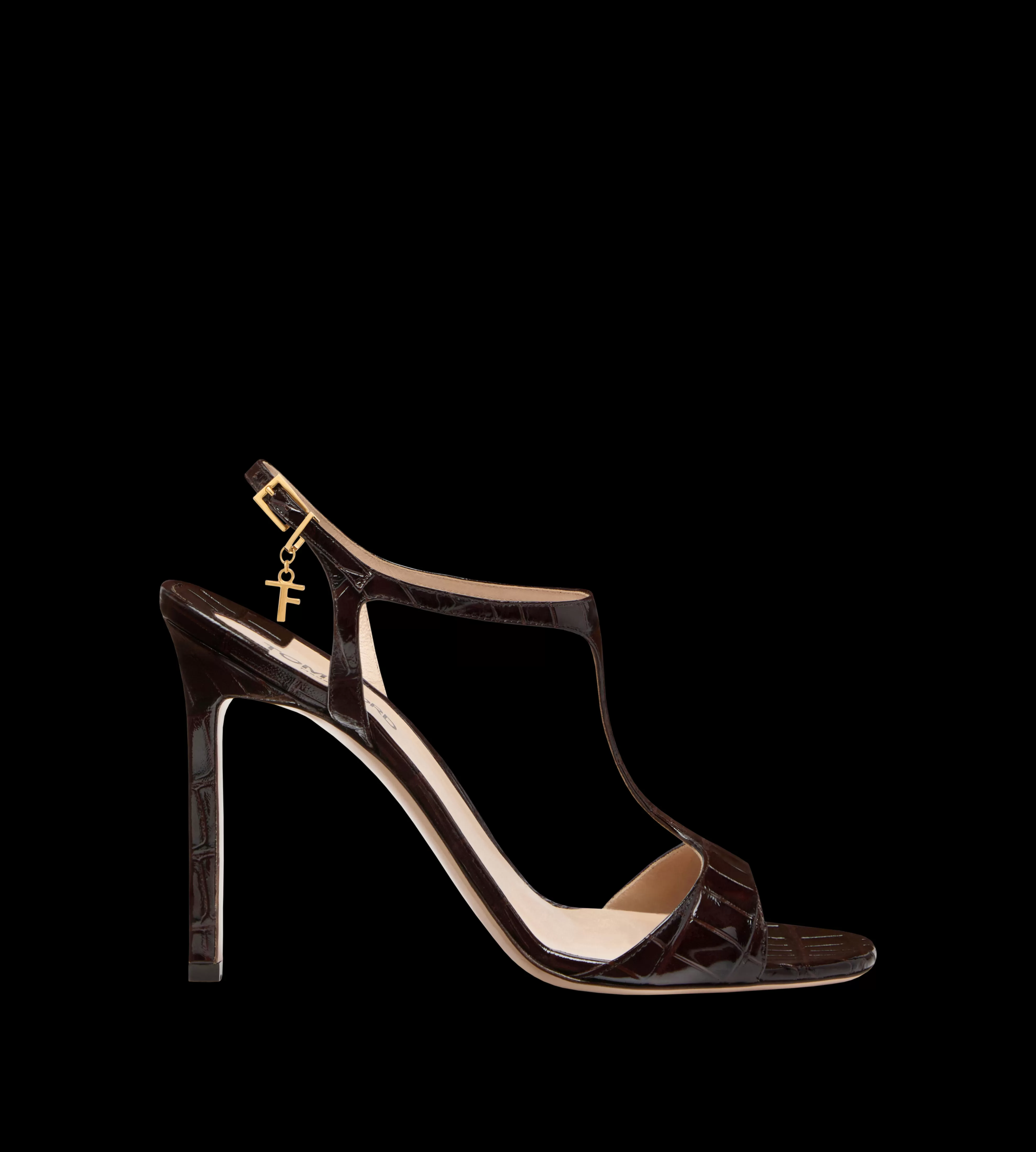 TOM FORD GLOSSY STAMPED CROCODILE LEATHER ANGELINA SANDAL ESPRESSO^WOMEN | WOMEN Sandals | SPRING 24