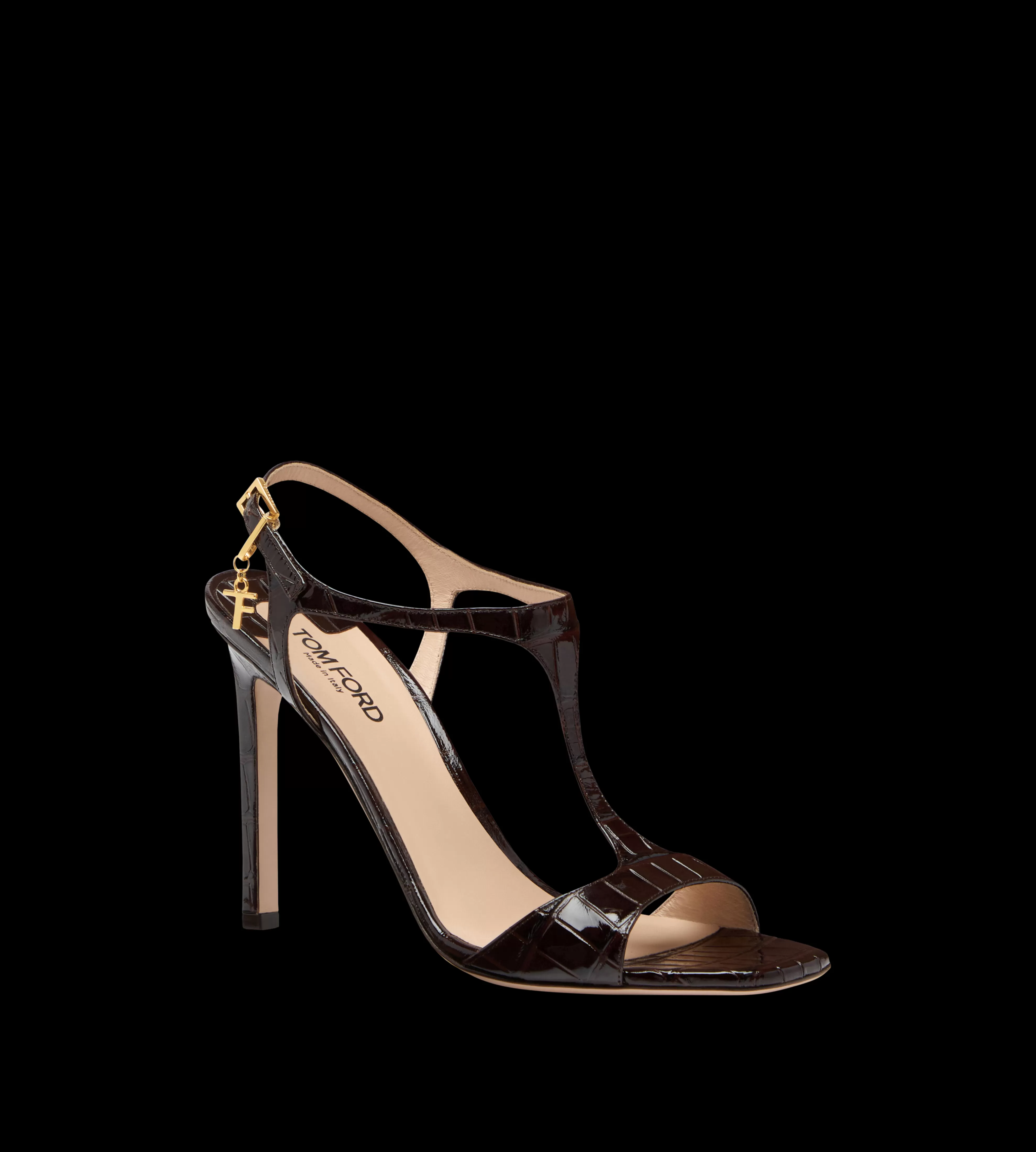 TOM FORD GLOSSY STAMPED CROCODILE LEATHER ANGELINA SANDAL ESPRESSO^WOMEN | WOMEN Sandals | SPRING 24