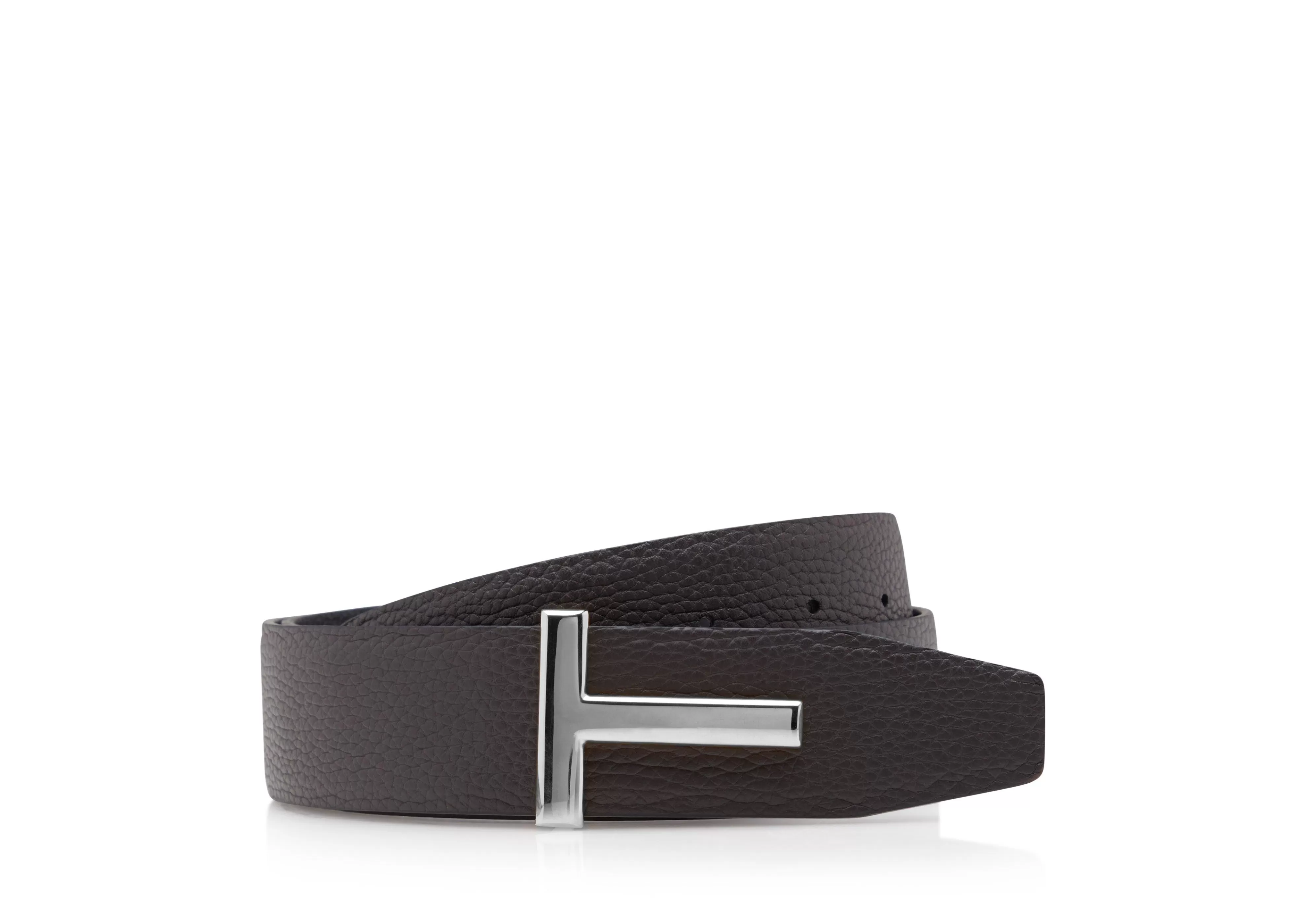 TOM FORD GRAIN LEATHER T ICON BELT BROWN + BLACK^MEN SPRING 24