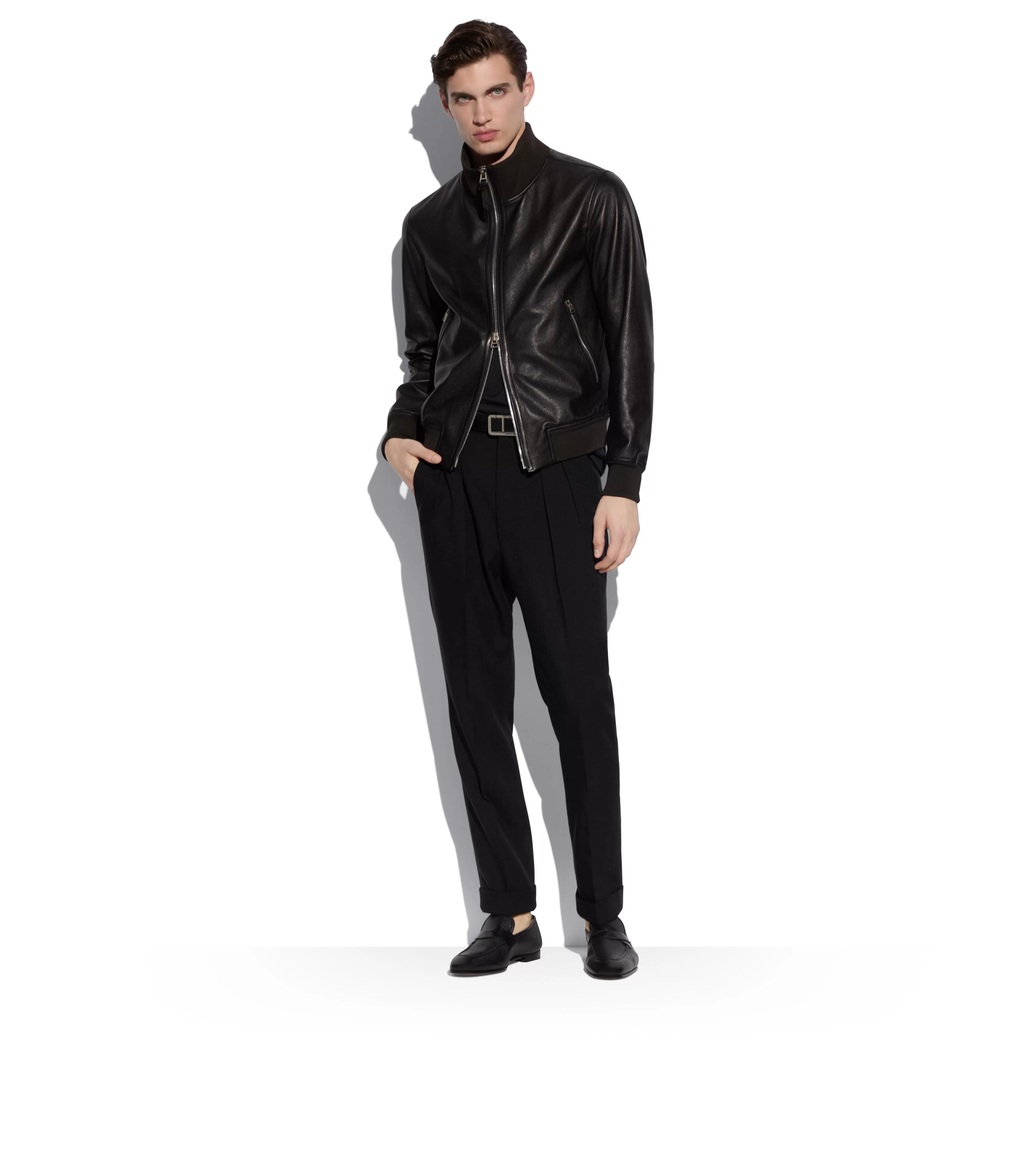 TOM FORD GRAIN LEATHER TRACK BOMBER BLACK^MEN Outerwear