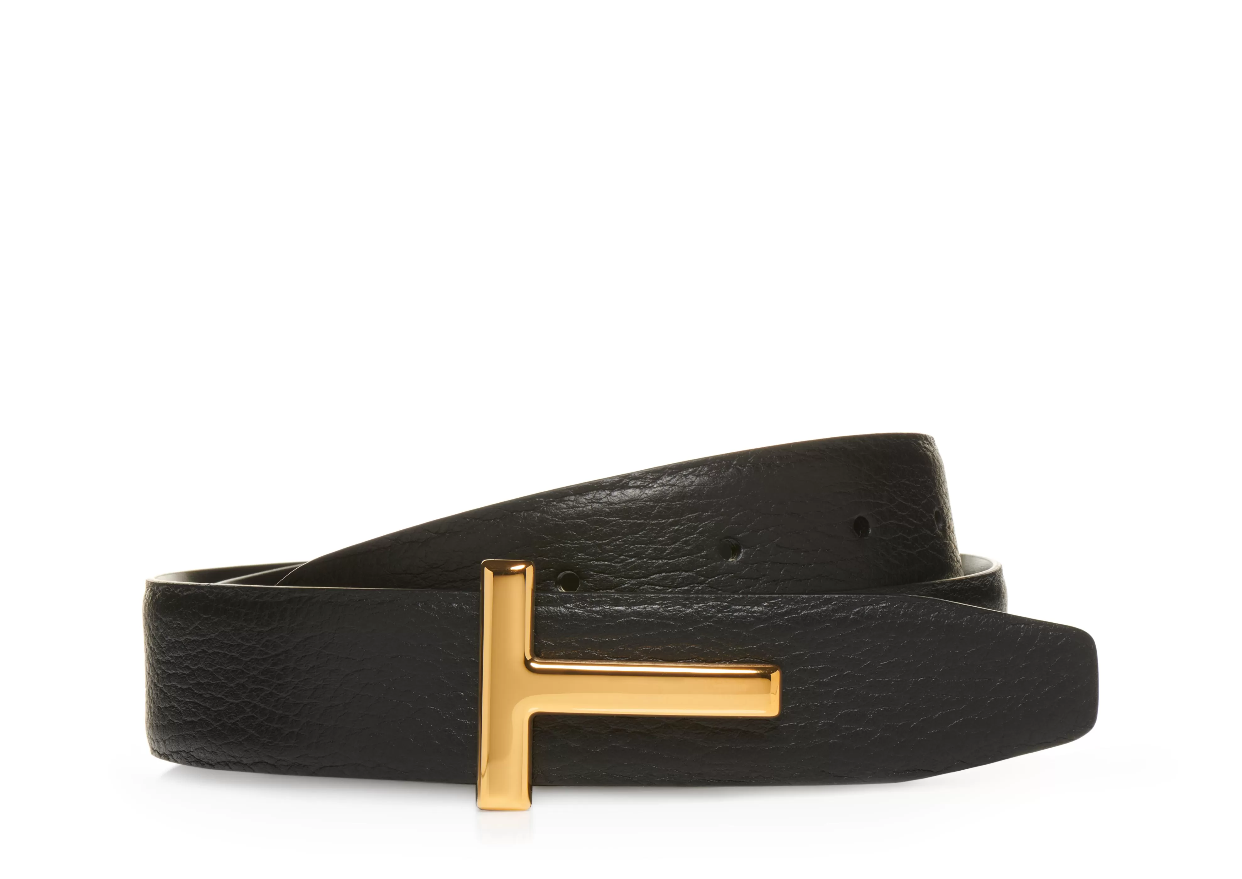 TOM FORD GRAINED LEATHER AND SHINY SMOOTH LEATHER REVERSIBLE T BELT BLACK^WOMEN | WOMEN Belts | Accessories