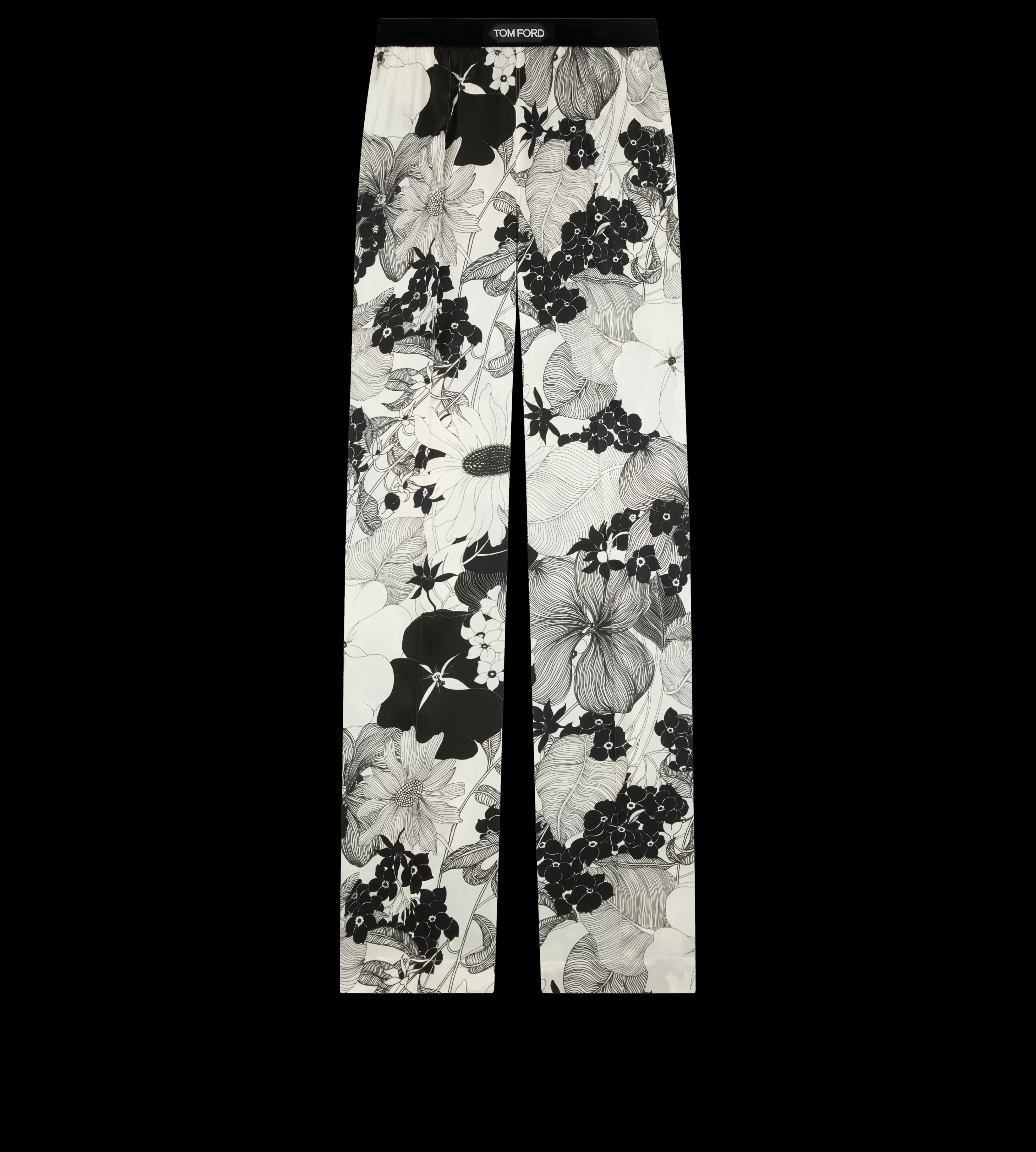 TOM FORD GRAPHIC FLORAL PRINT SIGNATURE SILK PJ PANTS ECRU BLACK^WOMEN | WOMEN | WOMEN Pajamas & Robes | Bottoms | SPRING 24