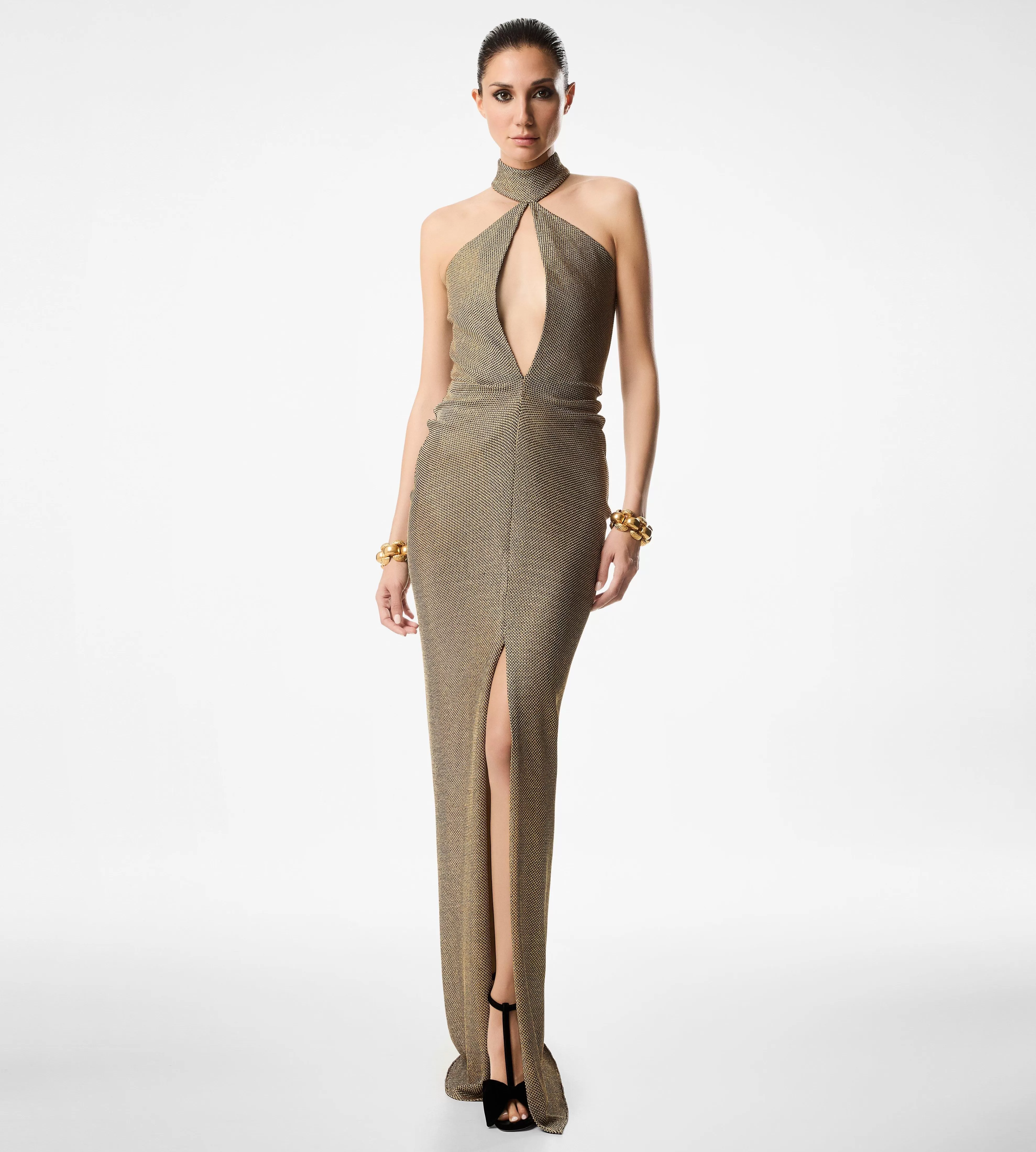 TOM FORD HONEYCOMB VISCOSE JERSEY HALTERNECK EVENING DRESS GOLD^WOMEN | WOMEN | WOMEN Evening | Dresses | SPRING 24