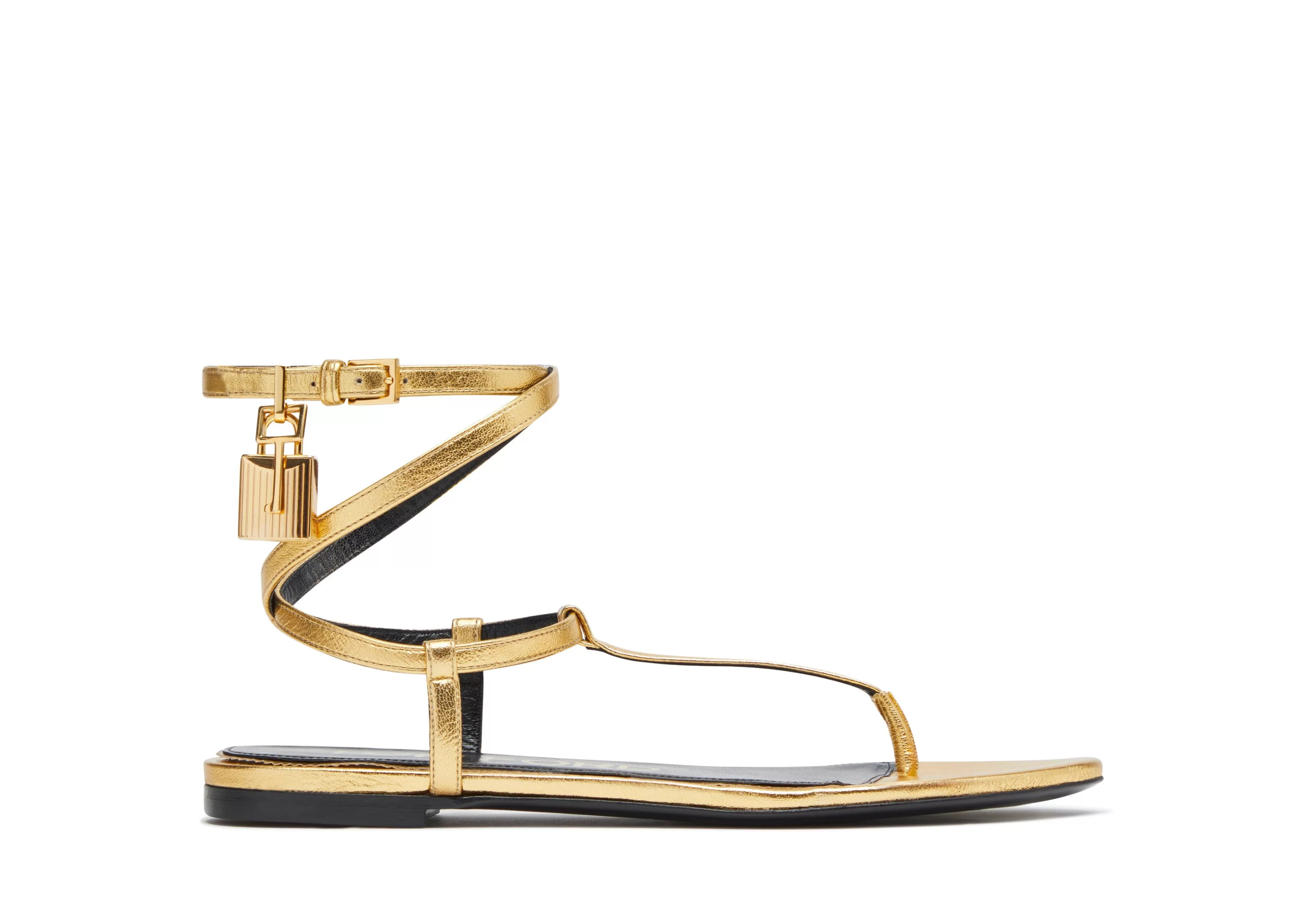 TOM FORD LAMINATED LEATHER PADLOCK SANDAL GOLD^WOMEN | WOMEN | WOMEN | WOMEN Flats | Sandals | The Padlock | JETSETTER EDIT