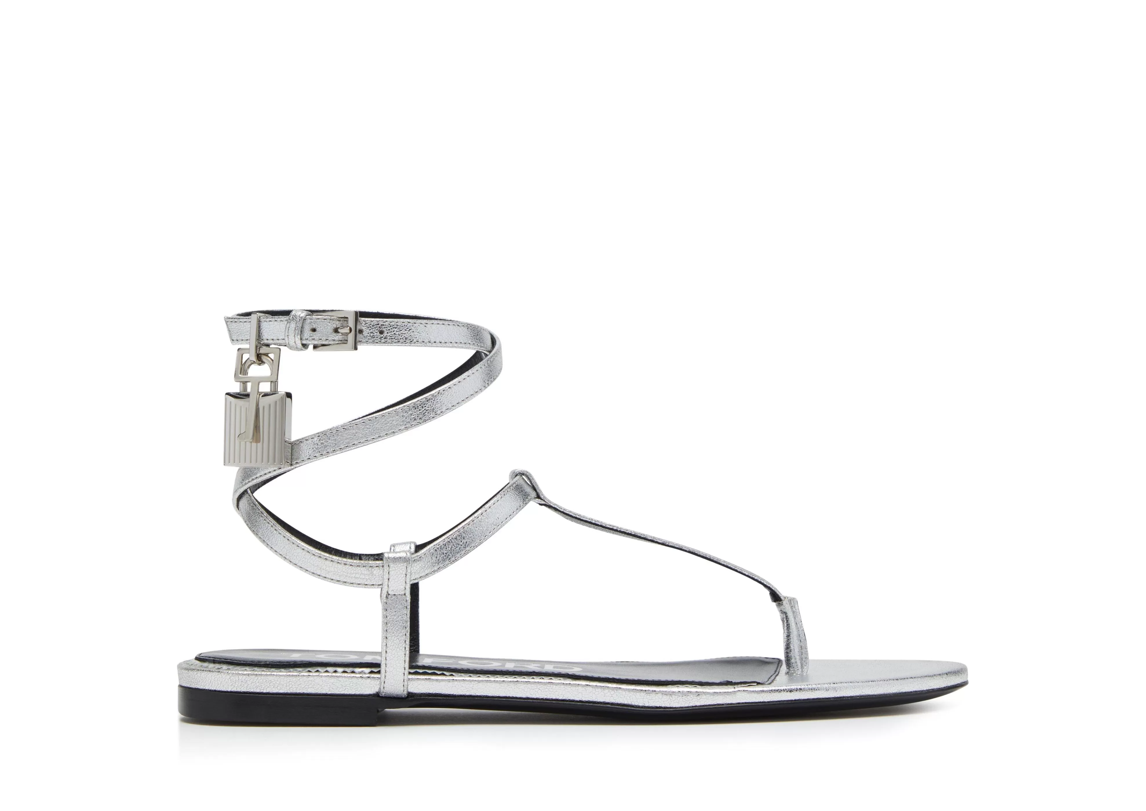 TOM FORD LAMINATED LEATHER PADLOCK SANDAL SILVER^WOMEN | WOMEN | WOMEN | WOMEN Flats | Sandals | The Padlock | JETSETTER EDIT