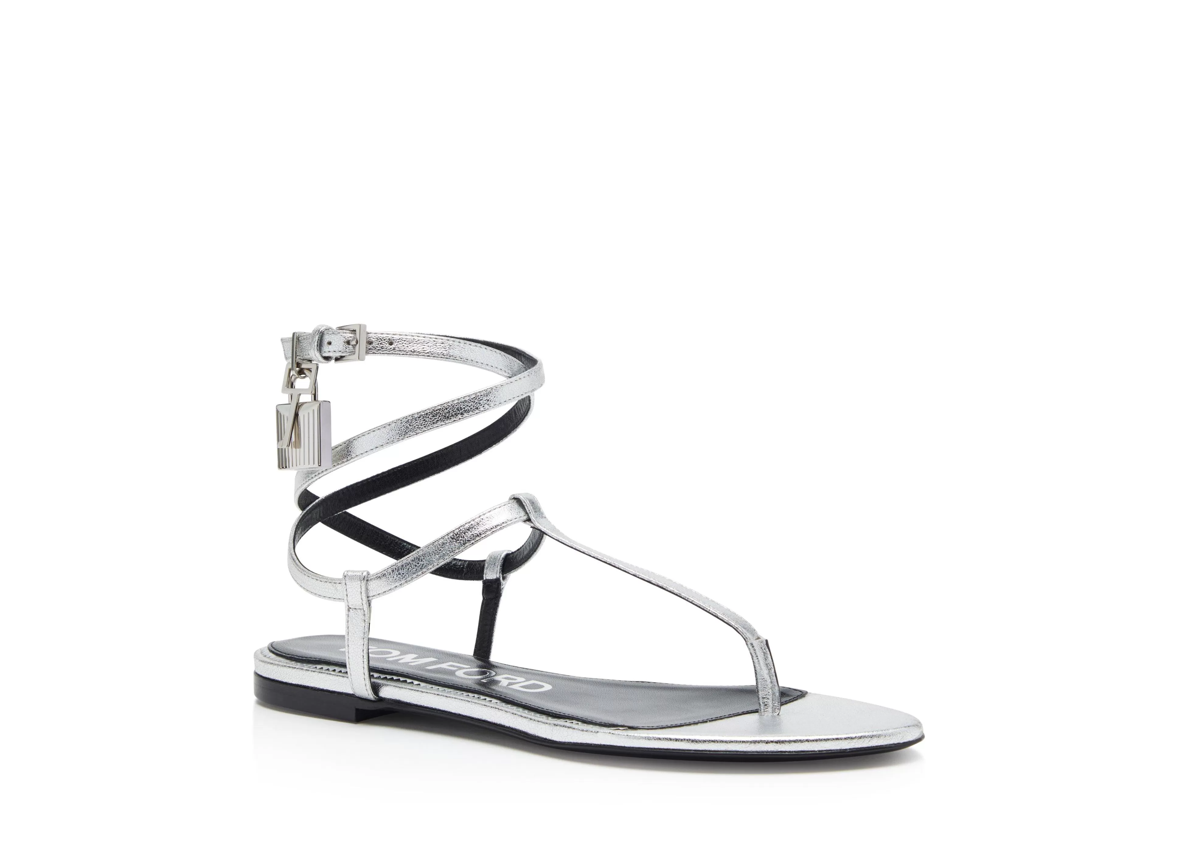 TOM FORD LAMINATED LEATHER PADLOCK SANDAL SILVER^WOMEN | WOMEN | WOMEN | WOMEN Flats | Sandals | The Padlock | JETSETTER EDIT