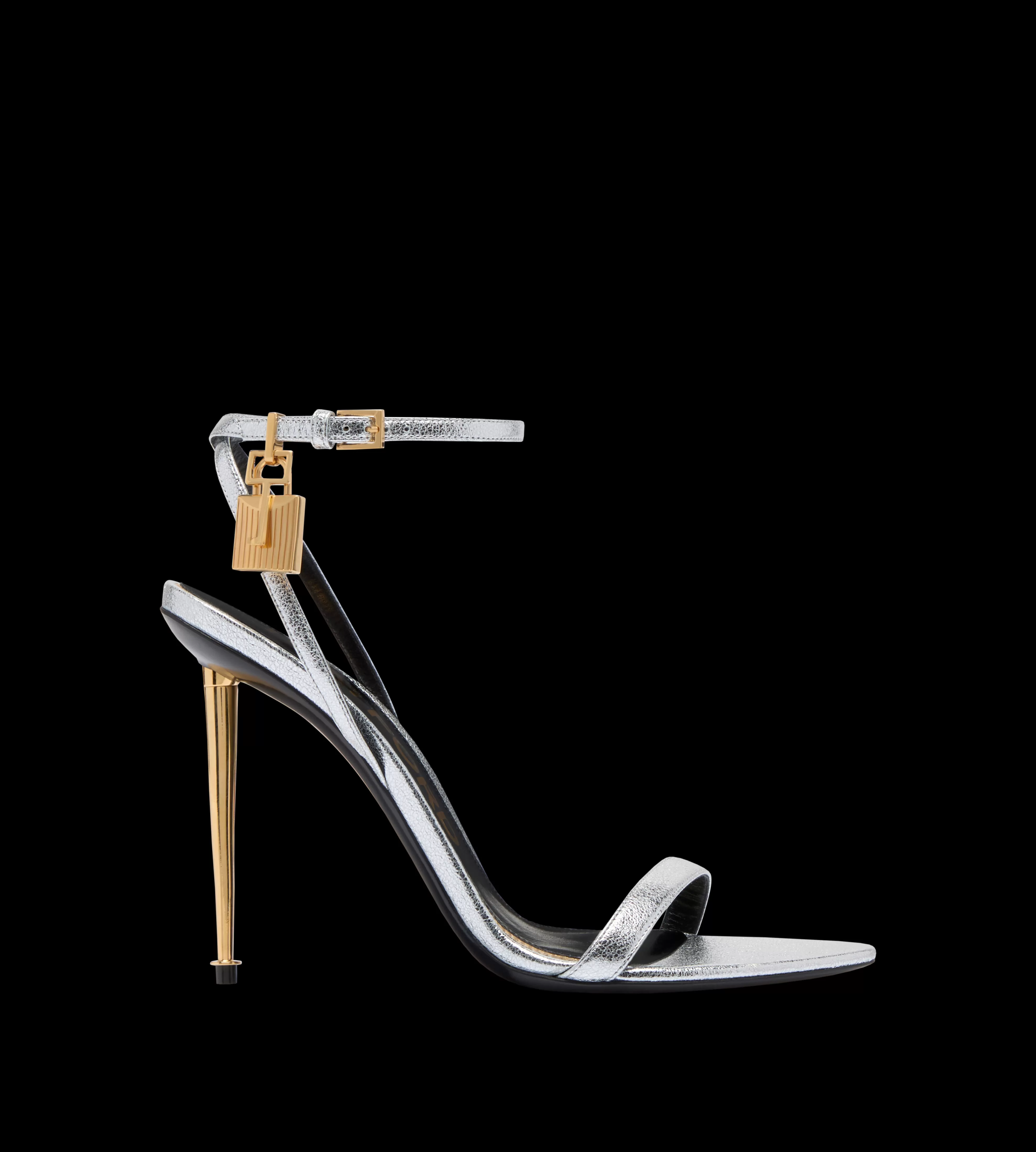 TOM FORD LAMINATED NAPPA LEATHER PADLOCK POINTY NAKED SANDAL SILVER^WOMEN | WOMEN Sandals | The Padlock