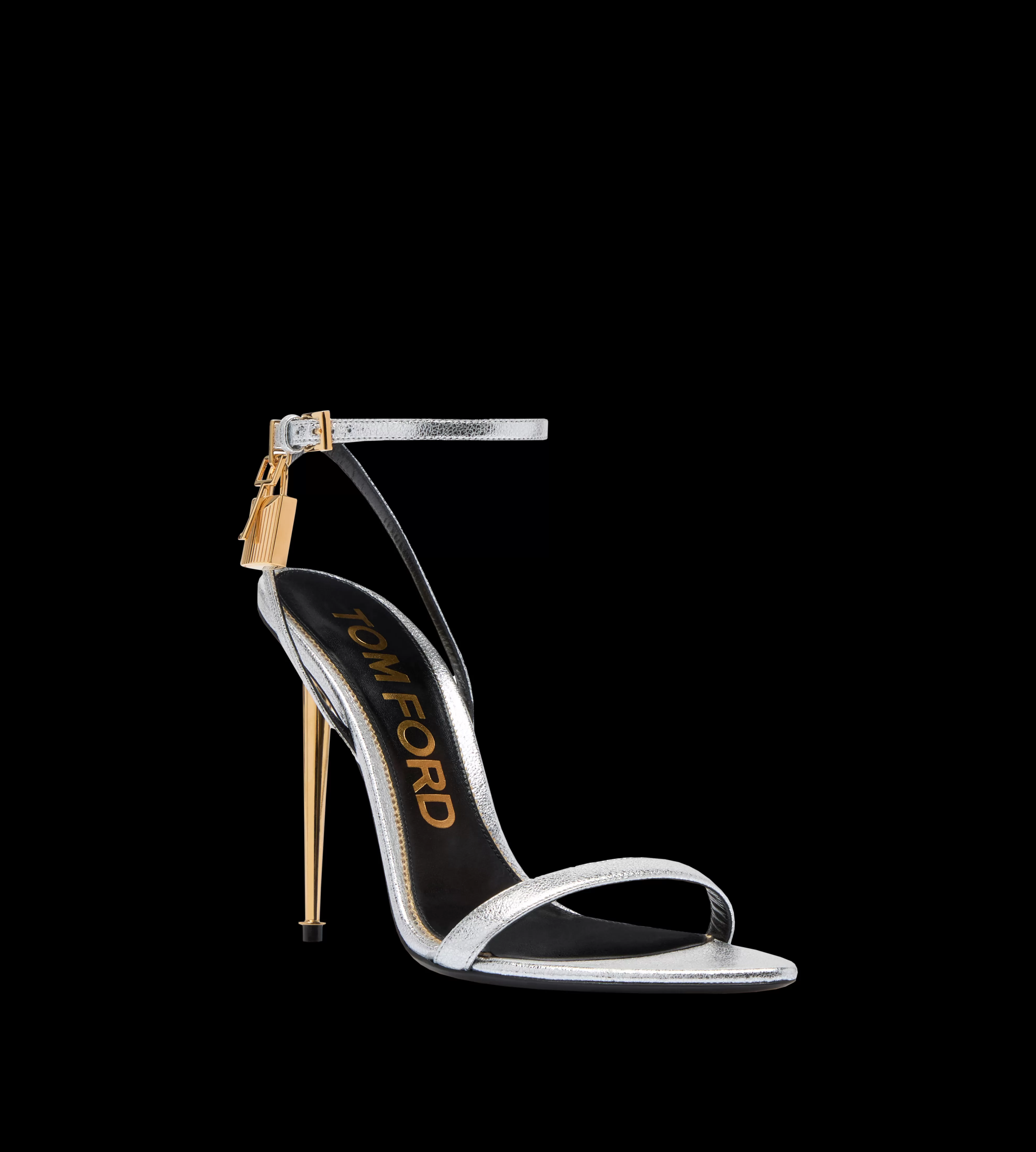 TOM FORD LAMINATED NAPPA LEATHER PADLOCK POINTY NAKED SANDAL SILVER^WOMEN | WOMEN Sandals | The Padlock