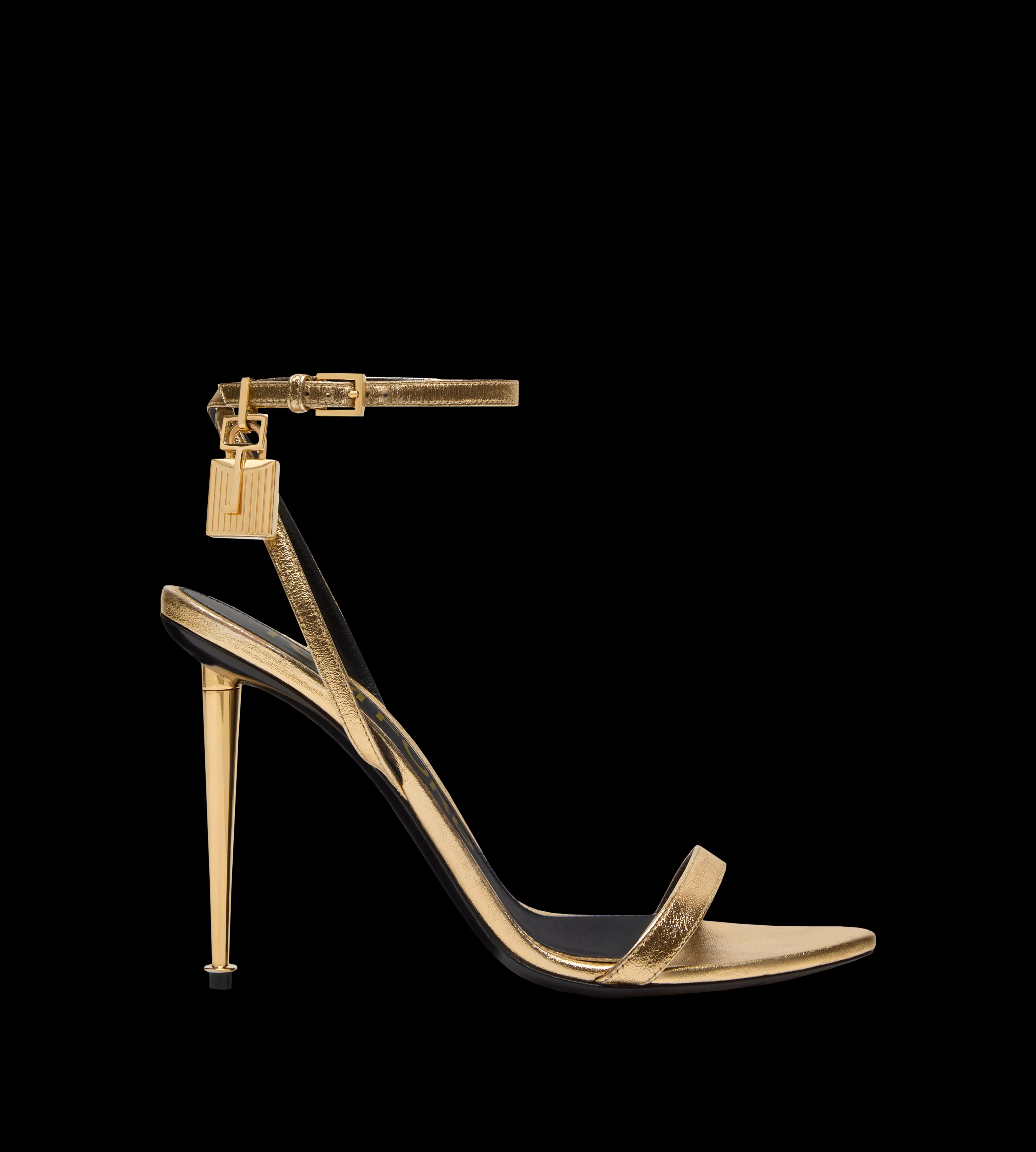 TOM FORD LAMINATED NAPPA LEATHER PADLOCK POINTY NAKED SANDAL GOLD^WOMEN | WOMEN Sandals | The Padlock