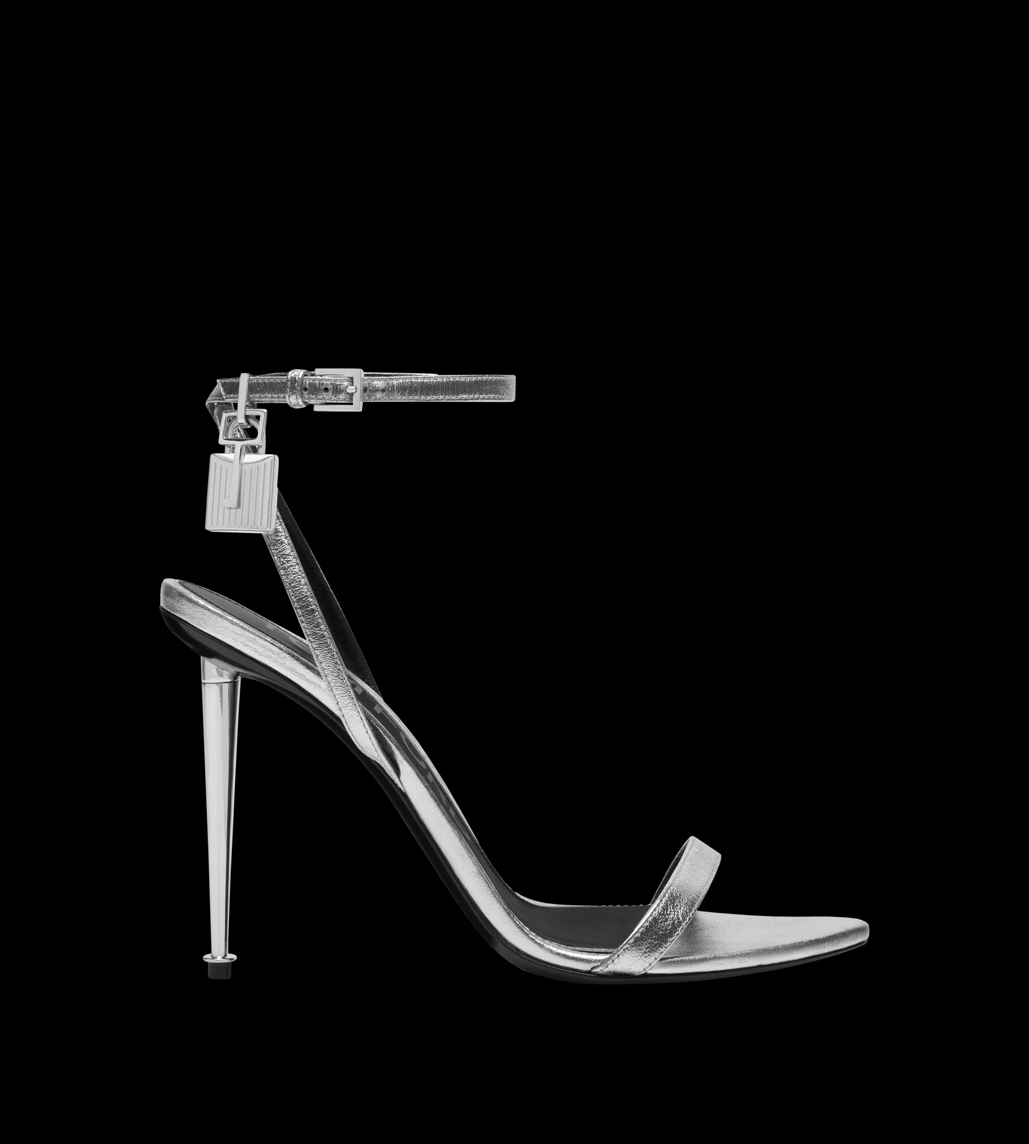 TOM FORD LAMINATED NAPPA LEATHER PADLOCK POINTY NAKED SANDAL SILVER^WOMEN | WOMEN Sandals | The Padlock