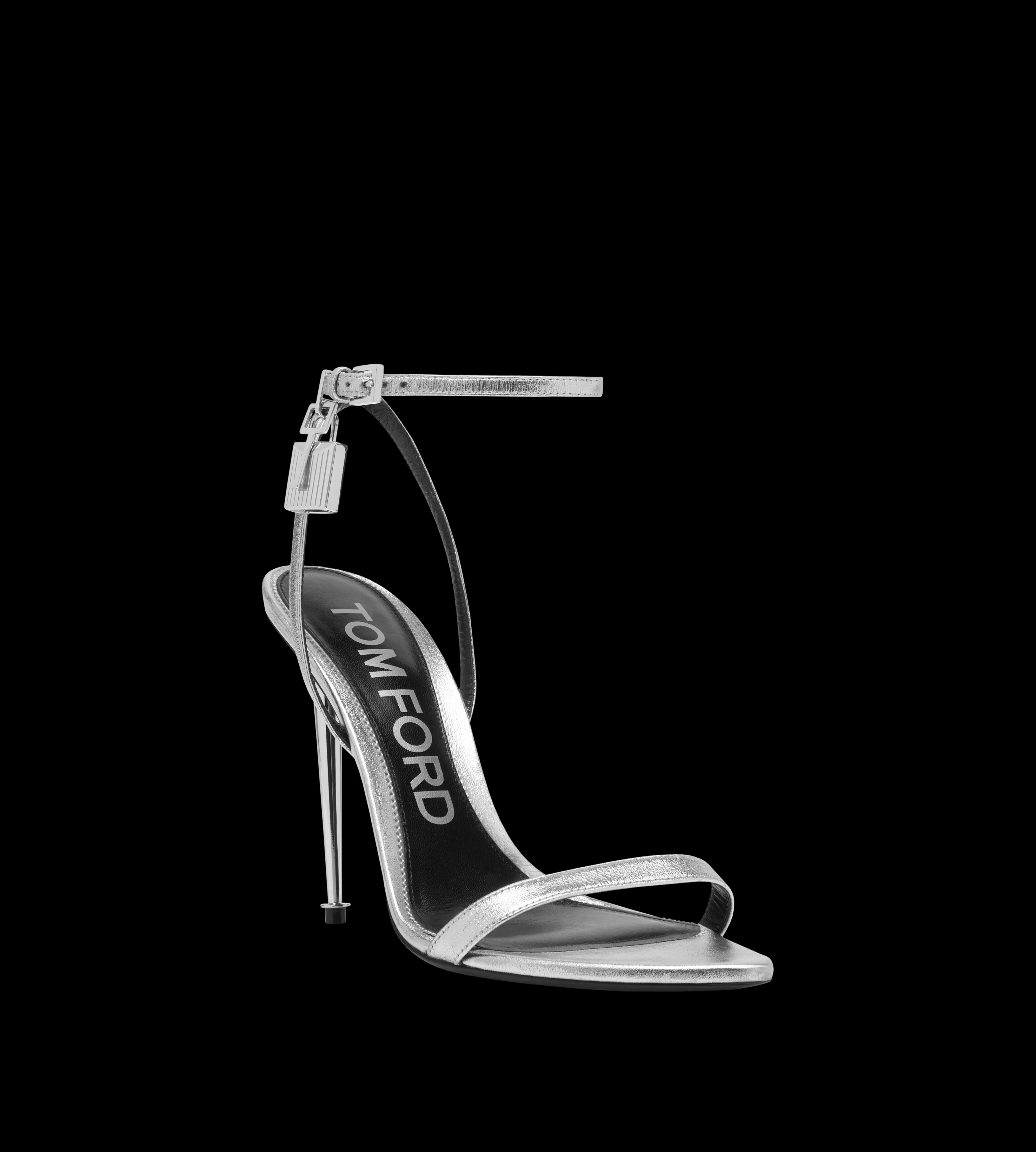 TOM FORD LAMINATED NAPPA LEATHER PADLOCK POINTY NAKED SANDAL SILVER^WOMEN | WOMEN Sandals | The Padlock