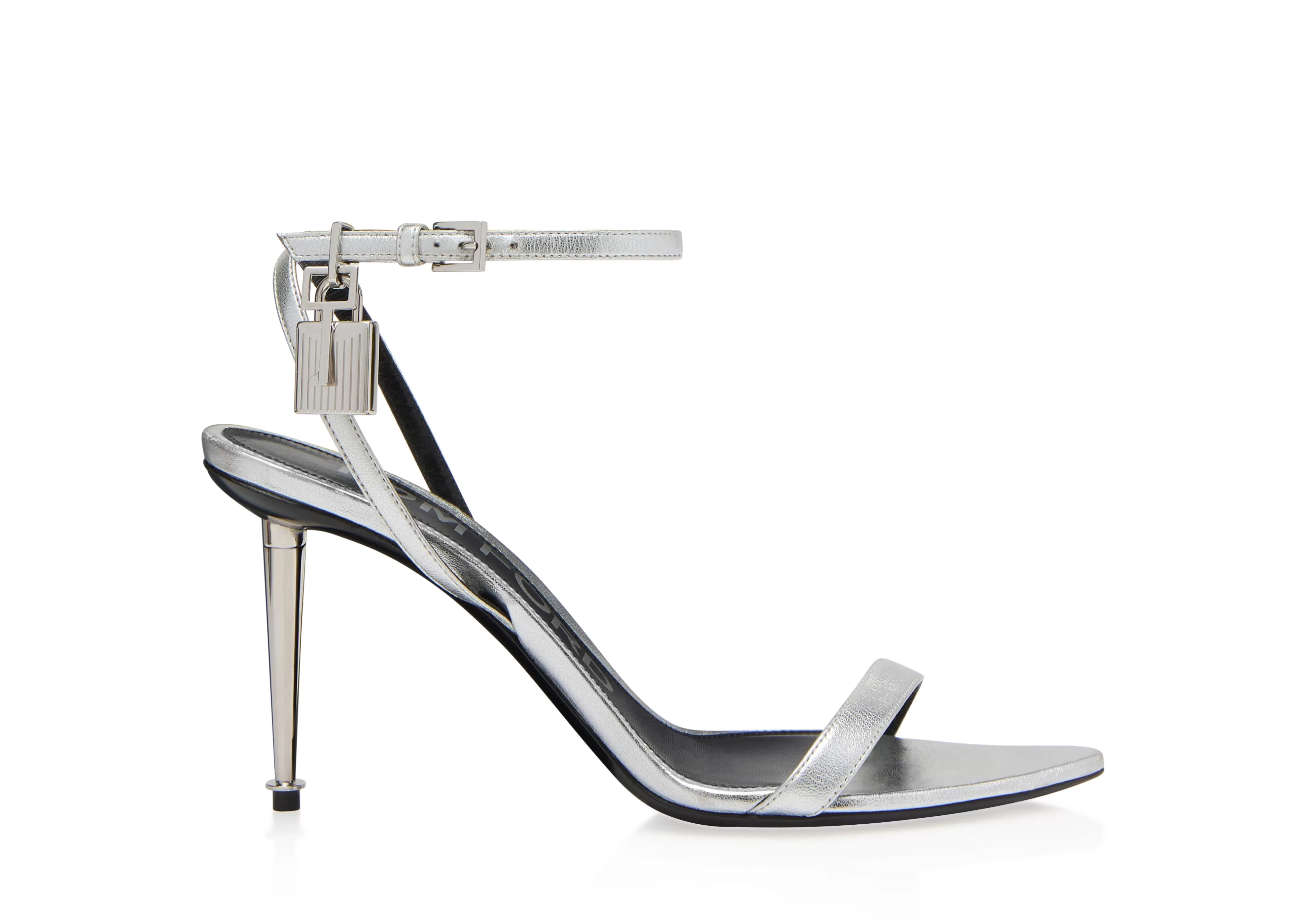 TOM FORD LAMINATED NAPPA PADLOCK POINTY NAKED SANDAL 85 MM SILVER^WOMEN | WOMEN Sandals | The Padlock