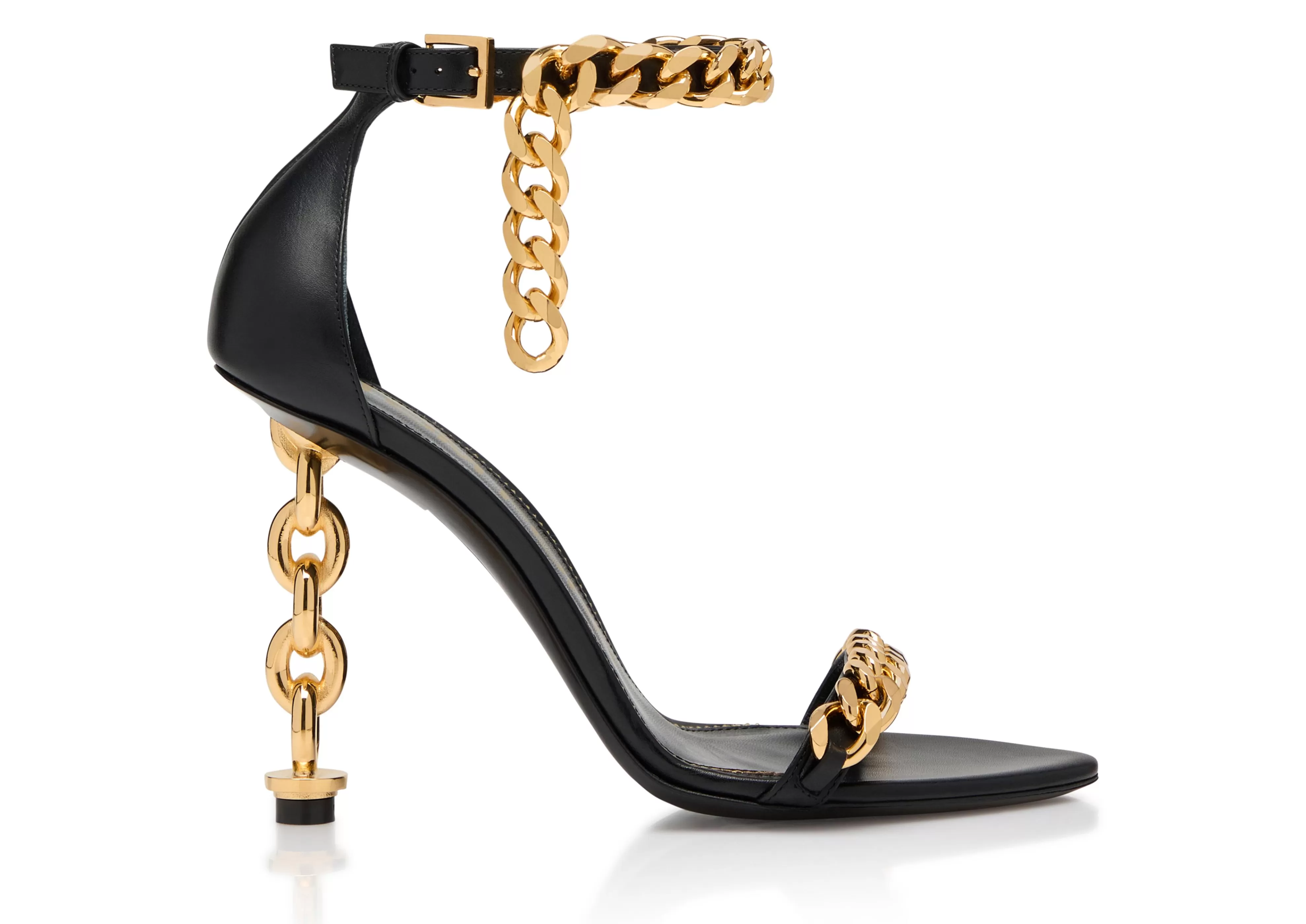 TOM FORD LEATHER CHAIN HEEL ANKLE STRAP SANDAL BLACK^WOMEN Sandals