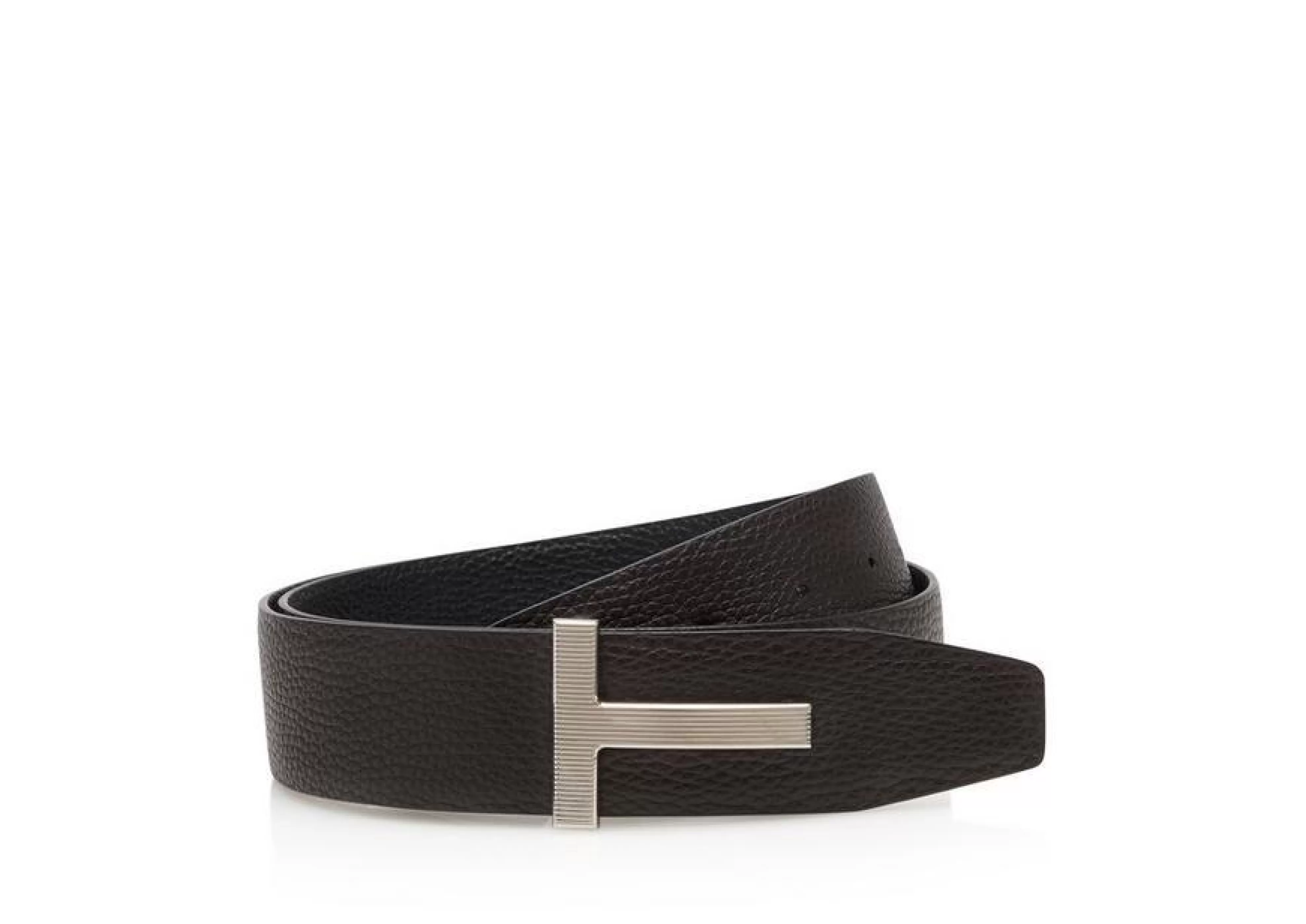 TOM FORD LEATHER PALLADIUM T RIDGE BELT BROWN + BLACK^MEN Belts