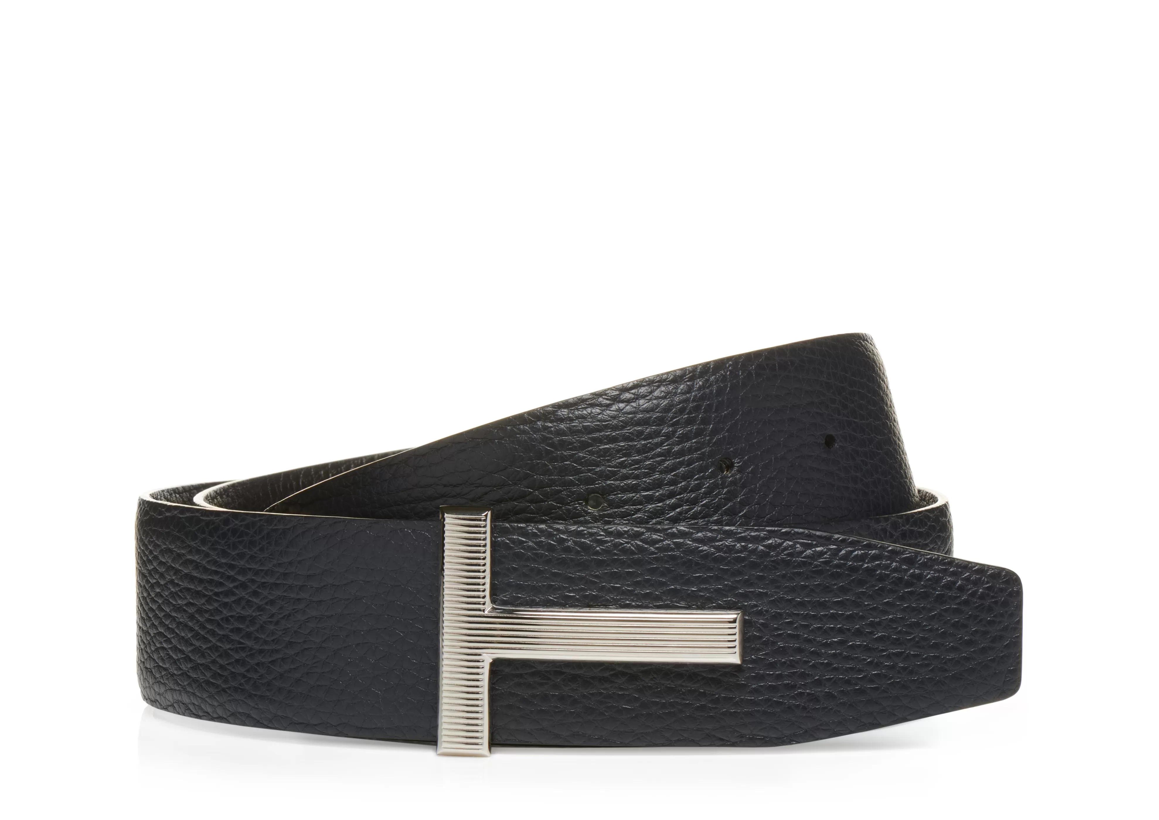 TOM FORD LEATHER PALLADIUM T RIDGE BELT DARK NAVY + BLACK^MEN Belts