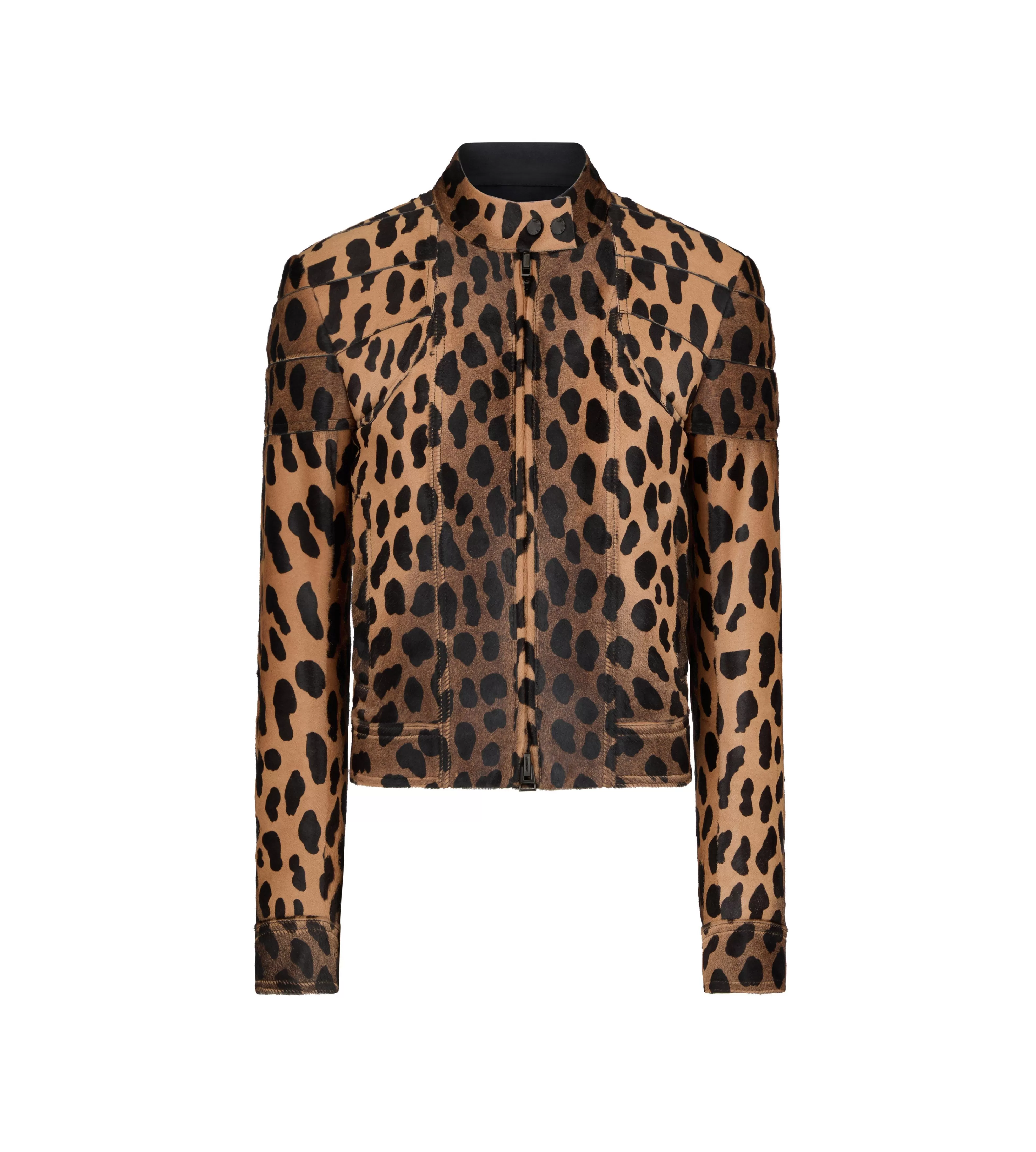 TOM FORD LEOPARD PRINTED CALF HAIR BIKER JACKET BLACK + BEIGE^WOMEN | WOMEN Outerwear | AUTUMN/WINTER 23